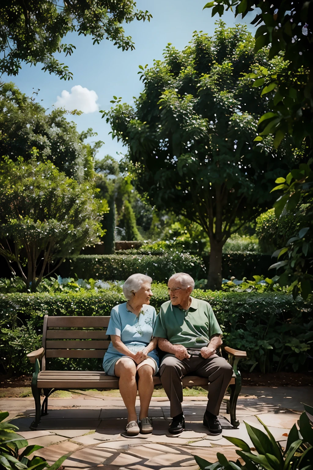 an elderly couple on a garden bench amidst trees and lots of greenery Disney Pixar style, alta qualidade, melhor qualidade