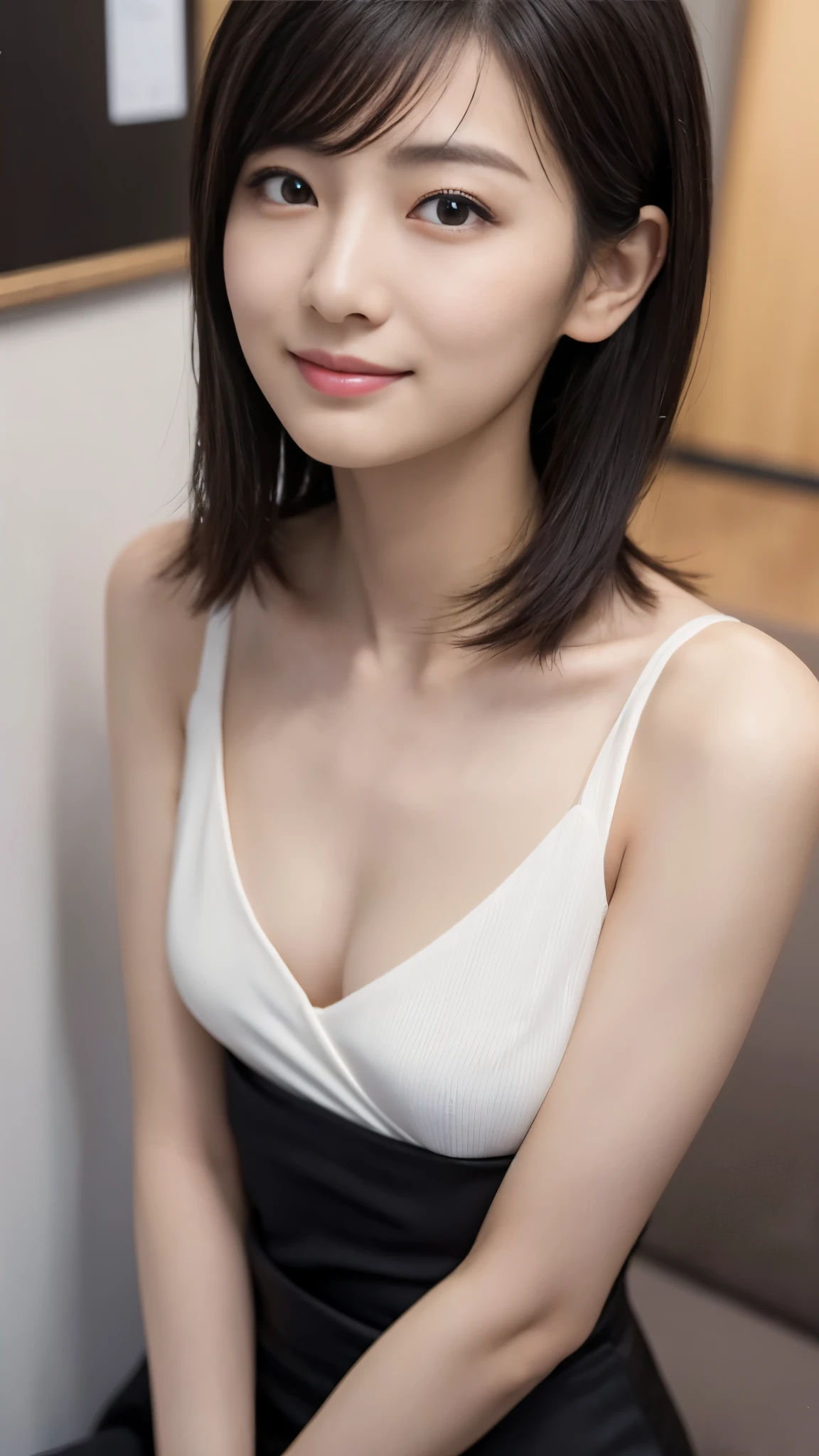 1 female,18-year-old,(numerical portrait:Mayu Yokota, Yuko Araki),black eye,beautiful face,(thin skeletal surface+delicate features、),非常にdetailed face,(delicate Japanese makeup), black eyelash curls for long hair,(messy and layered, by bangs), smile,Please look into the camera,fair and smooth skin,(optimal skin type:1.21),(clavicle:1.2),slim fit suits for women,V neck white short shirt,(deep v neck,big breasts),short hip wrap skirt,(realistic close-up photo of woman),thin waist、long legs,(slim body shape),street,((Hasselblad Photos)),surreal pictures, Physically based rendering,professional lighting,exquisite details,detailed face,the picture is pure,perfect hands,perfect posture,ultra fine makeup,ultra-fine clothing material、live action、smile and stand up straight