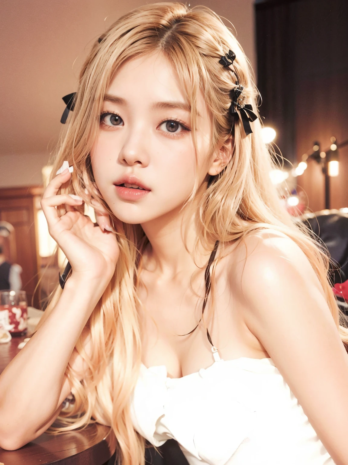 Araffe woman with long blonde hair sitting at a table with a cell phone., roseanne park of rosa negro, jossi of rosa negro, portrait of jossi of rosa negro, rosa negro jennie, junko enoshima, heonhwa choe, jisoo from rosa negro, jisoo of rosa negro, portrait jisoo rosa negro, aparcar desde-min, escaneo de revista, jia, jinyoung shin, rosa negro