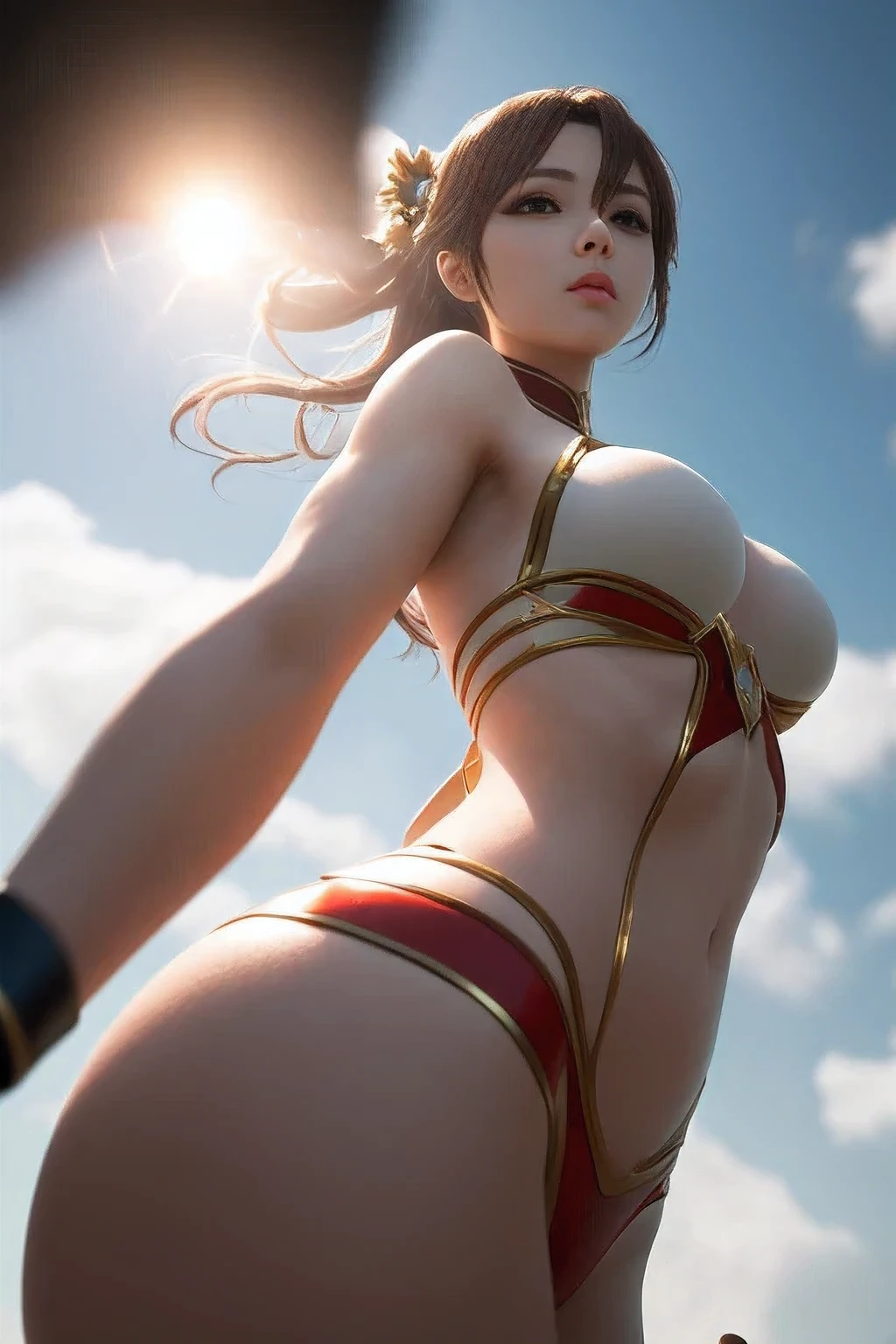 (8K RAW写真,highest quality, masterpiece:1.2), (realistic, photo-realistic:1.37),Beautiful cosplay girl, perfect anatomy, (cinematic composition, far, Low - Angle), award-winning, polish, strong sunlight, event venue