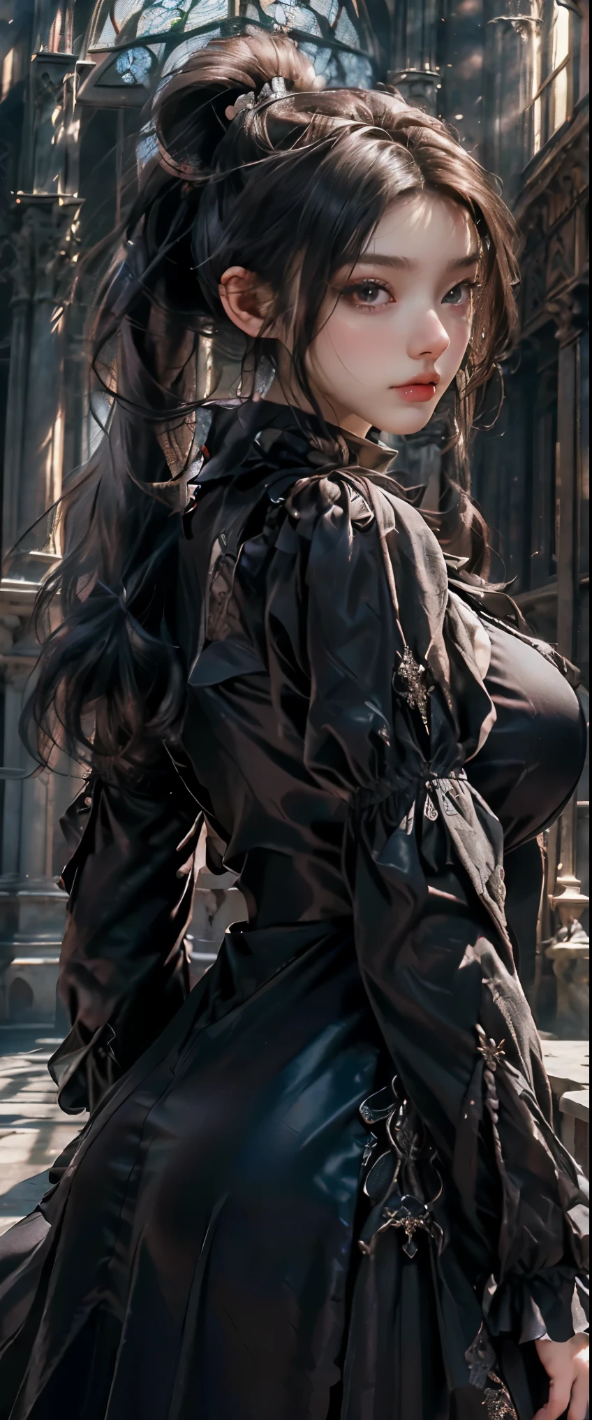 masterpiece, highest quality, High resolution, photorealistic, High resolution, Raw photo, ((Largest Gothic building in Italy, Milan Cathedral))、((1girl, Young woman in gothic dress, detailed face and eyes, beautiful face, ponytail, shiny skin, realistic skin texture, long sleeve, big breasts, big ass)),