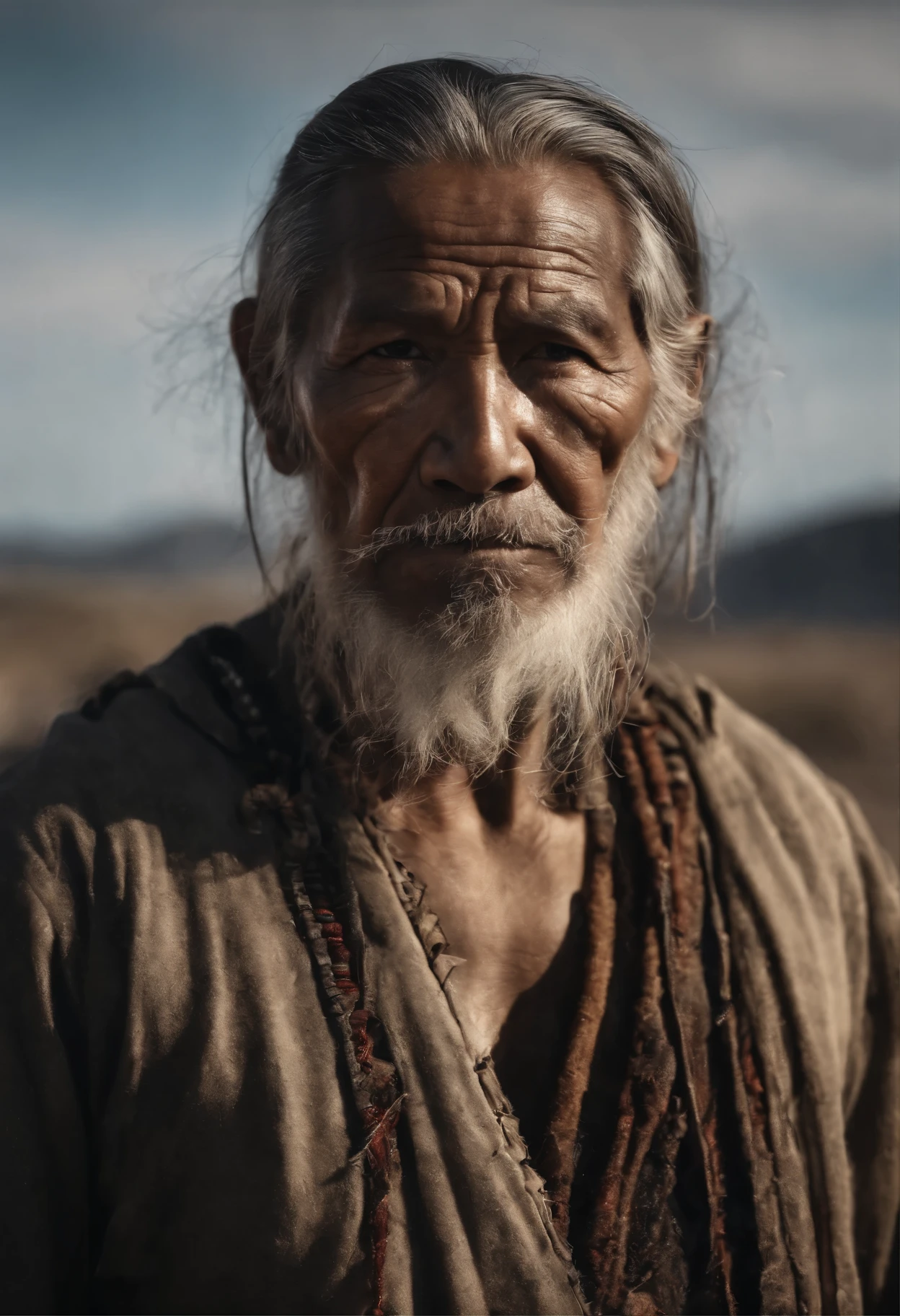 Photo realistic hd masterpiece portrait close up of an old inuit man with face scars and eye patch, long hair, tribel tattoos, side view