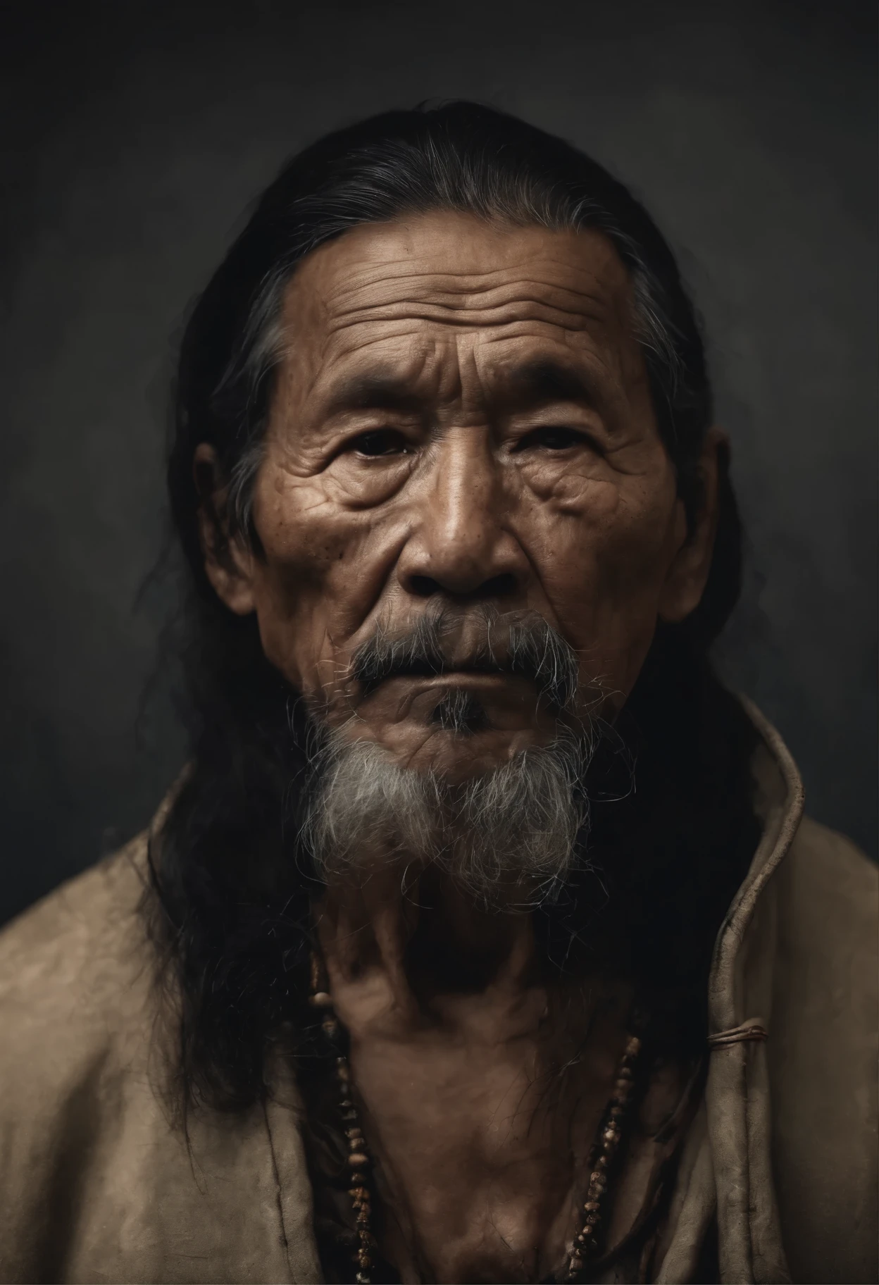 Photo realistic hd masterpiece portrait close up of an old inuit man with face scars and eye patch, long hair, tribel tattoos,  side view 