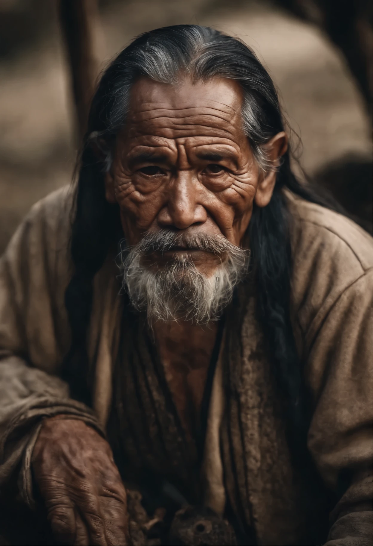 Photo realistic hd masterpiece portrait close up of an old inuit man with face scars and eye patch, long hair, tribel tattoos,  side view 