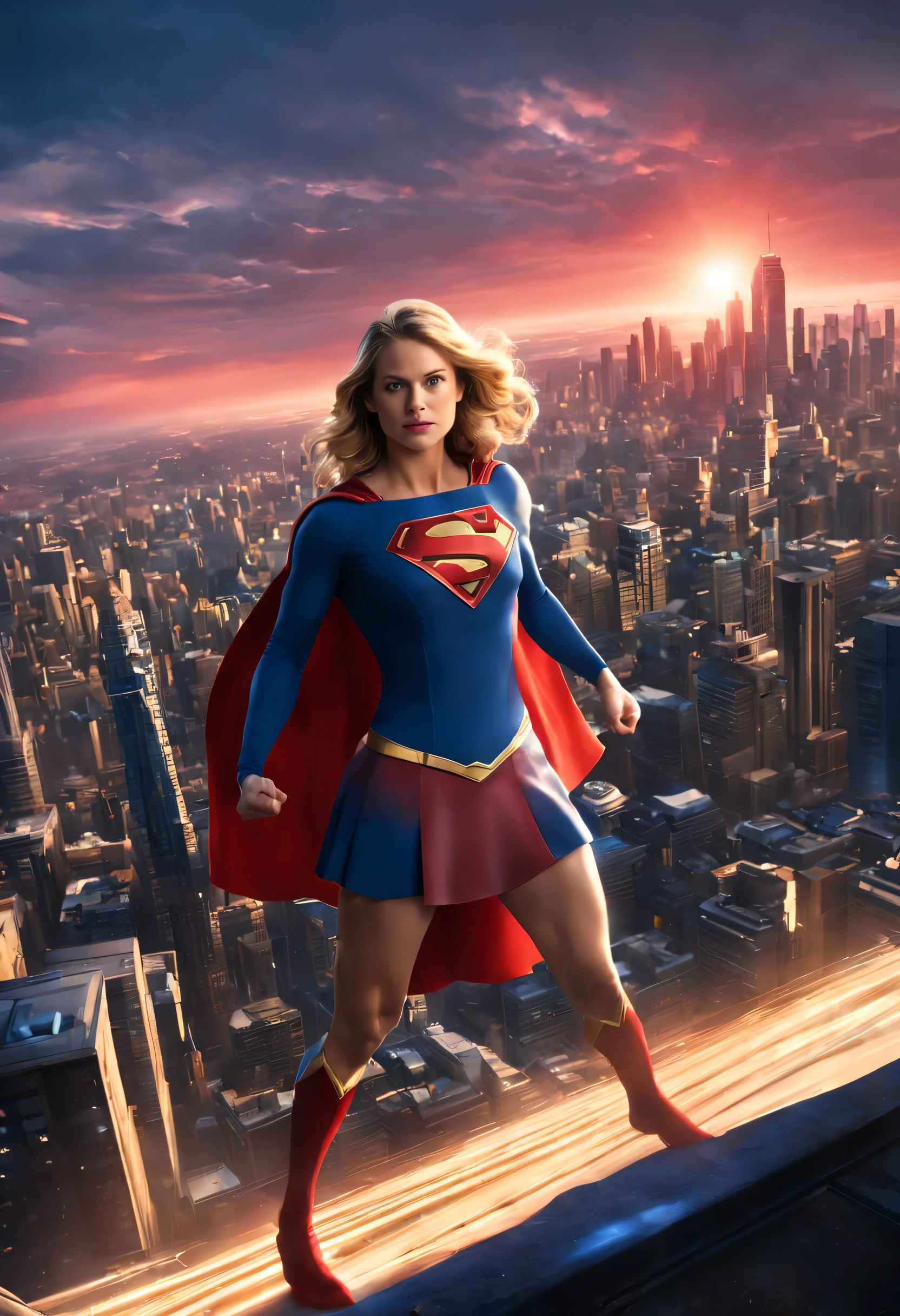 Supergirl,flying in the sky,cape billowing in the wind,graceful and powerful,confident and determined,[golden] curls shining in the sunlight,dazzling blue eyes,piercing through the darkness,[bold and heroic],costume vibrant and colorful,[holding a glowing energy orb],surrounded by a vibrant cityscape,city lights twinkling below,buildings reaching towards the sky,metropolis bustling with life,[best quality,4k,highres],[realistic],capturing every muscle and detail,showcasing Supergirl's strength,[comic book style],with dynamic lines and vibrant colors,[accentuated reds and blues],conveying a sense of excitement and action,[illuminated by soft warm sunlight],creating a warm and inviting atmosphere,casting gentle shadows,adding depth to the scene.