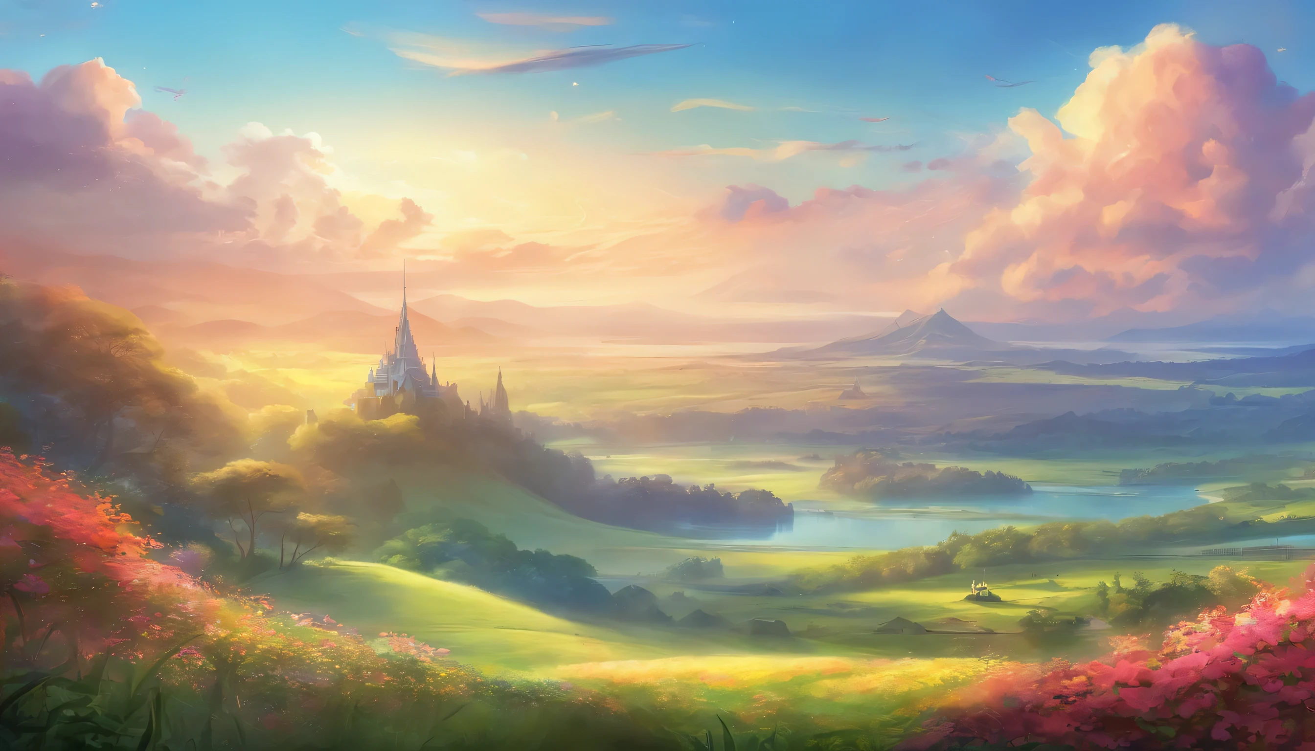 (best quality,4k,8k,high resolution,masterpiece:1.2),Super detailed,(actual,photoactual,photo-actual:1.37), colorful anime movie background, amazing wallpapers, anime background art, train station in summer, anime movie background, (Xin Haicheng), Beautiful rural scenes in anime, Beautiful and tranquil anime scene, (horizon animated movie style)