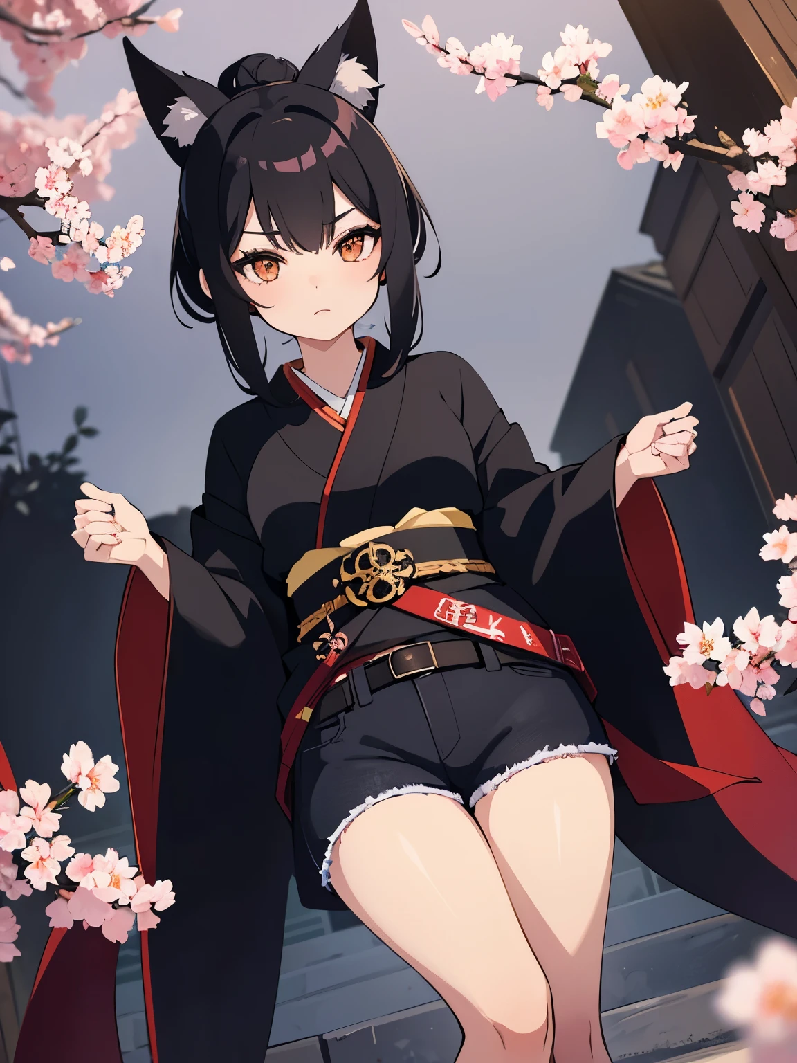 one fox girl adult, with black updo hair, anime style, wearing a kimono, wearing dark black jeans with a brown belt and another belt wrapped around the thigh, one cherryblossom in hair on left side