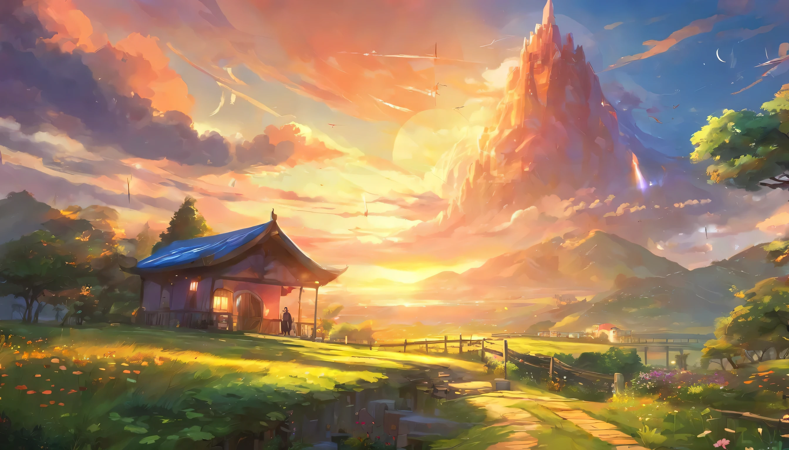 (best quality,4k,8k,high resolution,masterpiece:1.2),Super detailed,(actual,photoactual,photo-actual:1.37), colorful anime movie background, amazing wallpapers, anime background art, train station in summer, anime movie background, (Xin Haicheng), Beautiful rural scenes in anime, Beautiful and tranquil anime scene, (horizon animated movie style)