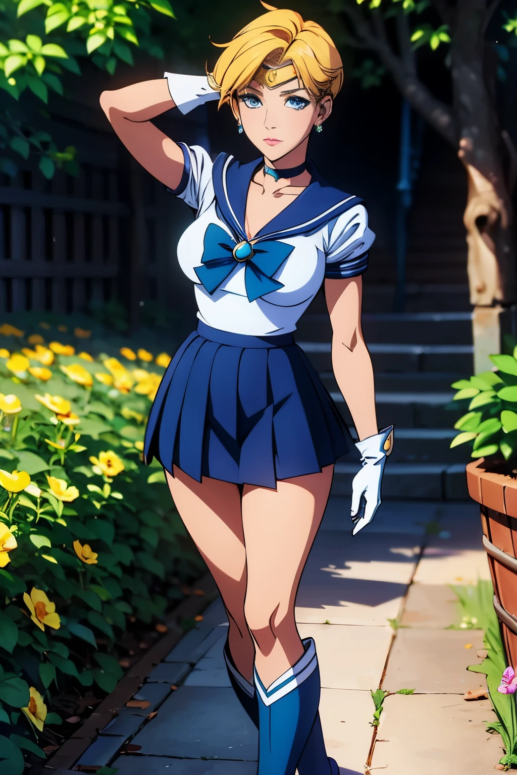 Sailor Uranus,blonde hair,blue choker,blue footwear,blue sailor collar,blue skirt,boots,choker,circlet,earrings,gloves,jewelry,magical girl,plant,sailor collar,sailor mercury,sailor senshi uniform,sailor uranus,short hair,skirt,solo,star choker,tiara,very short hair,white gloves,yellow bow, high quality,4k,