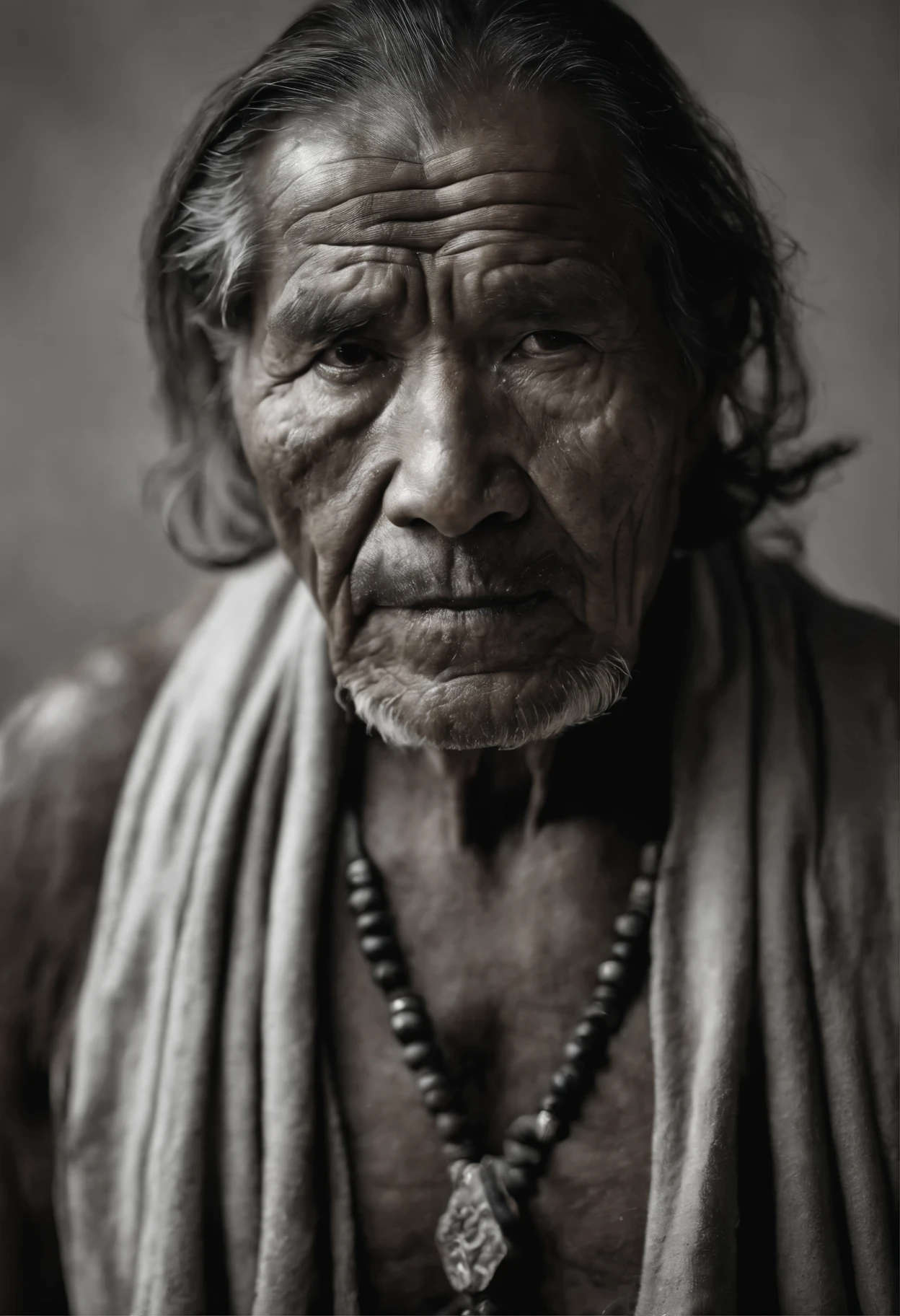 Photo realistic masterpiece portrait side view of an old inuit man long hair tribel tattoos