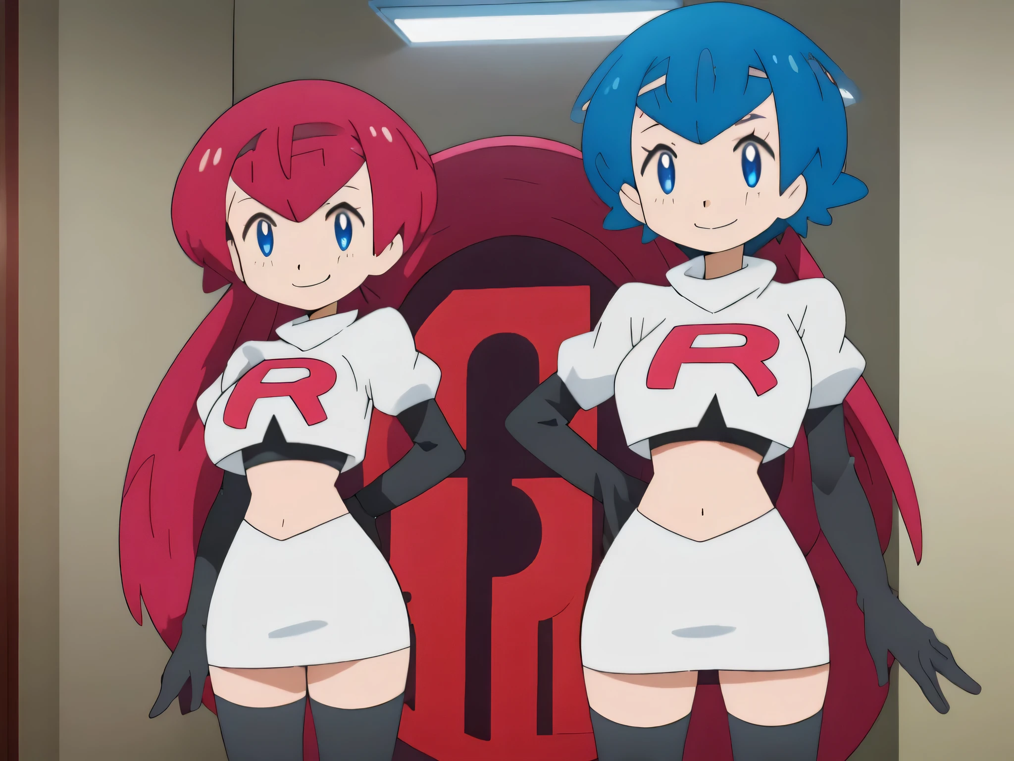 8k,1girl in, (solo:1.1), (perfect body:1.1), (best quality:1.1), very large breast, team rocket, team rocket uniform, red letter r, white skirt,white crop top,black thigh-high boots, black elbow gloves, smiling, looking down at viewer, hands on hips,zettai ryouiki,cowboy shot