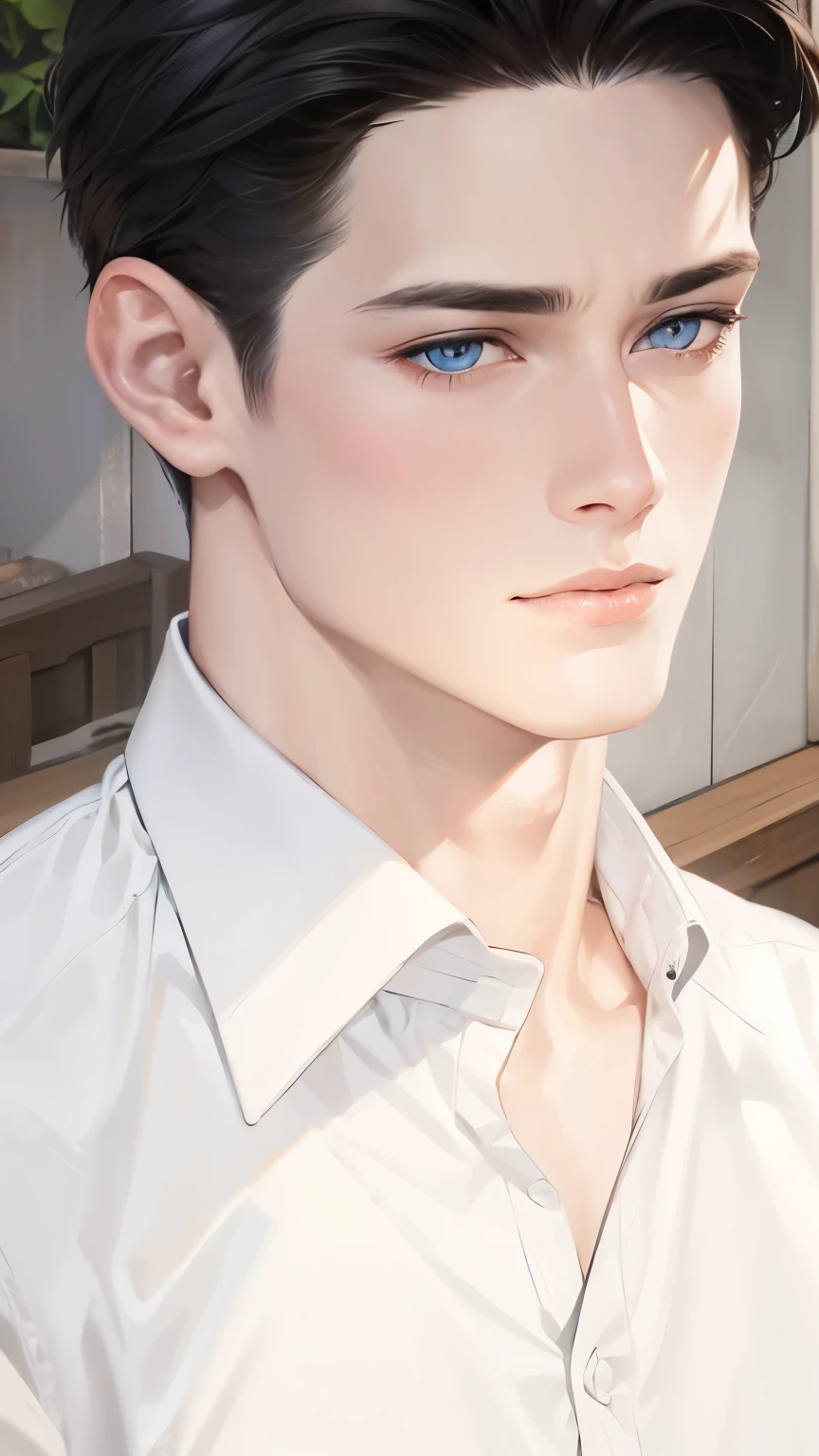 Handsome guy wearing a white shirt, blue eyes