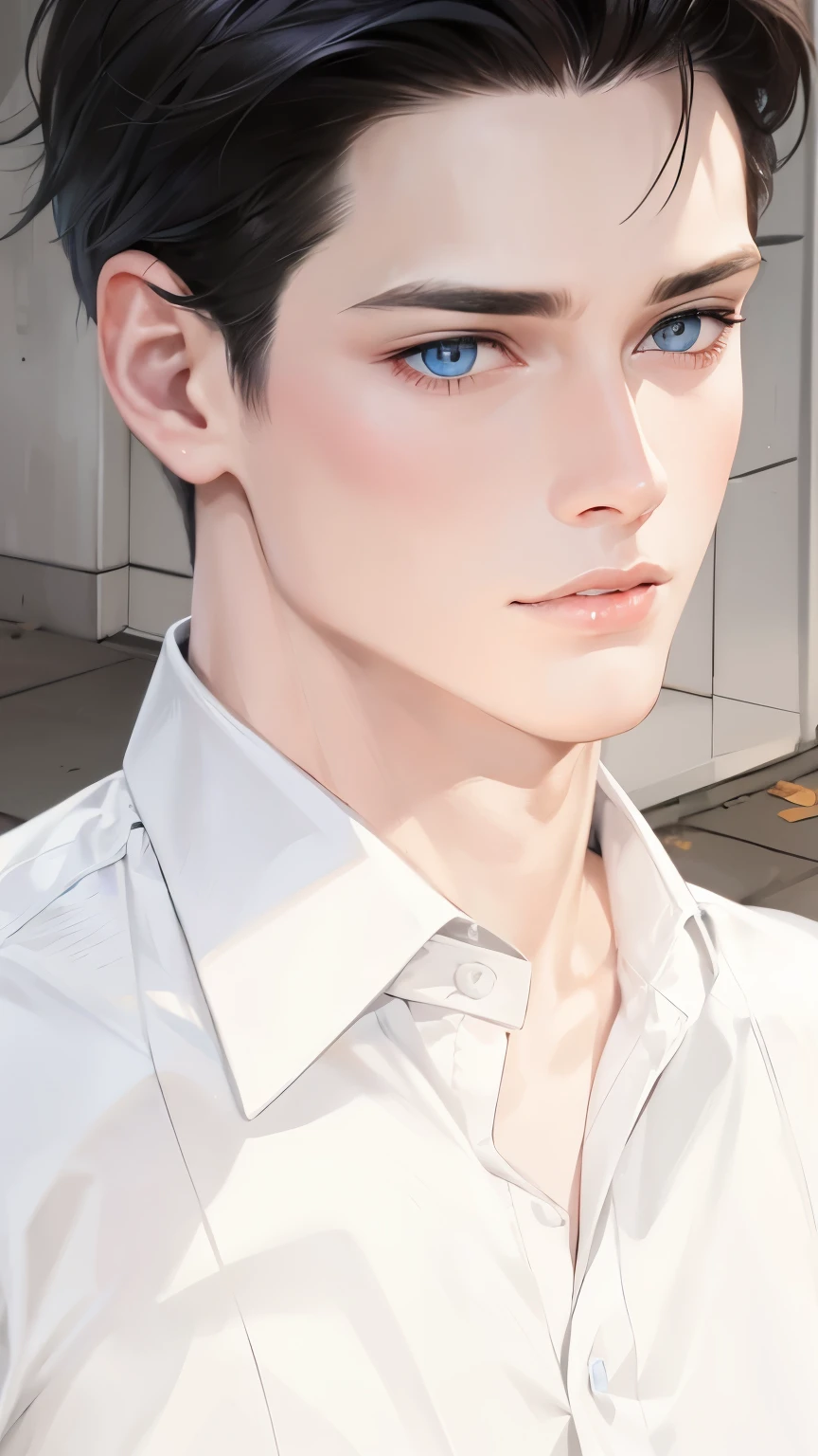 Handsome guy wearing a white shirt, blue eyes