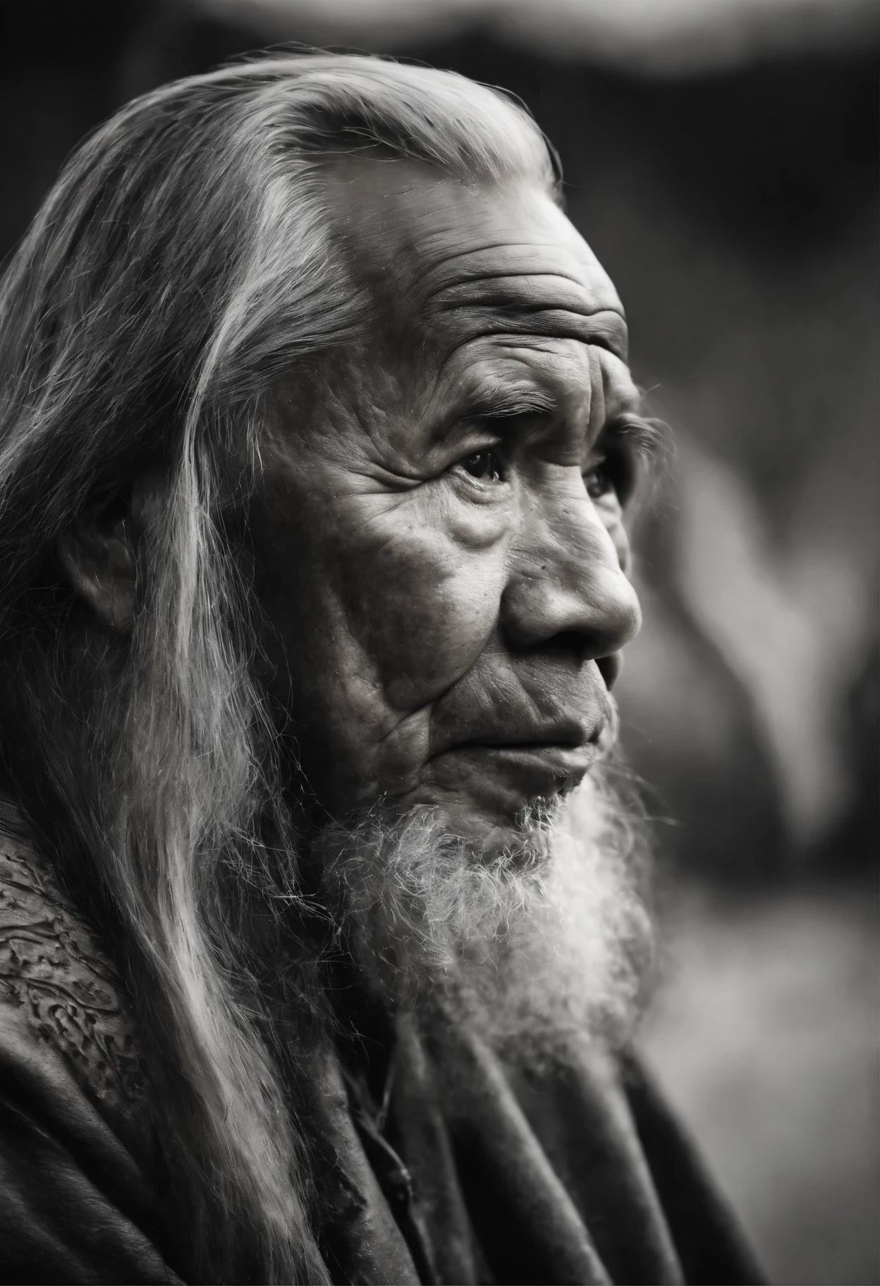 Photo realistic masterpiece portrait side view of an old inuit man long hair tribel tattoos 