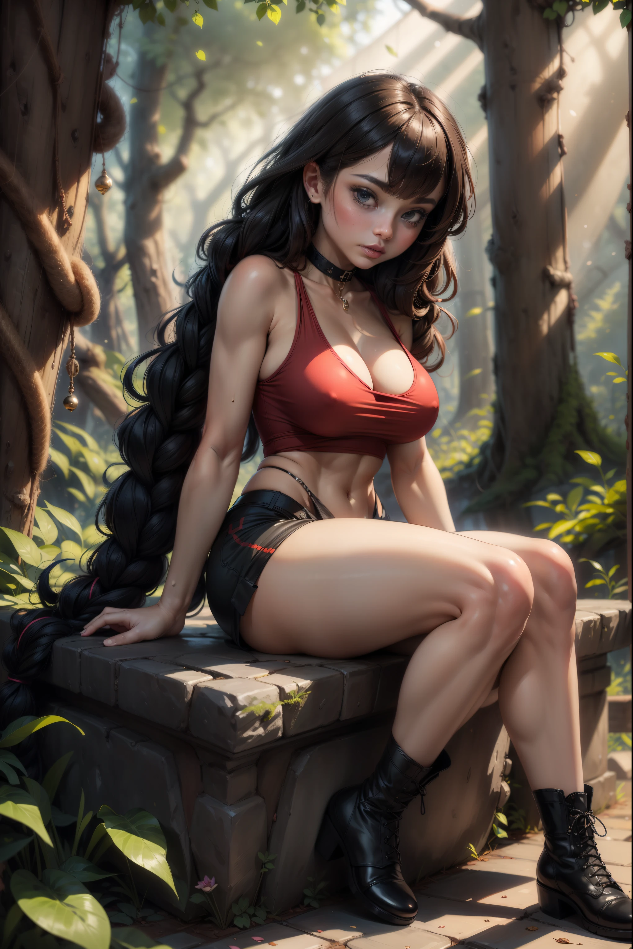 masterpiece. detailed oil painting of Velma as a fairy, athletic. hair in braids, shorts for the summer. she is wearing a Detailed symbiote Venom costume, boots. night. in forest glade, light beams through tree leaves. long hair. sitting on stone bench incrusted jewels. background pet dragon.