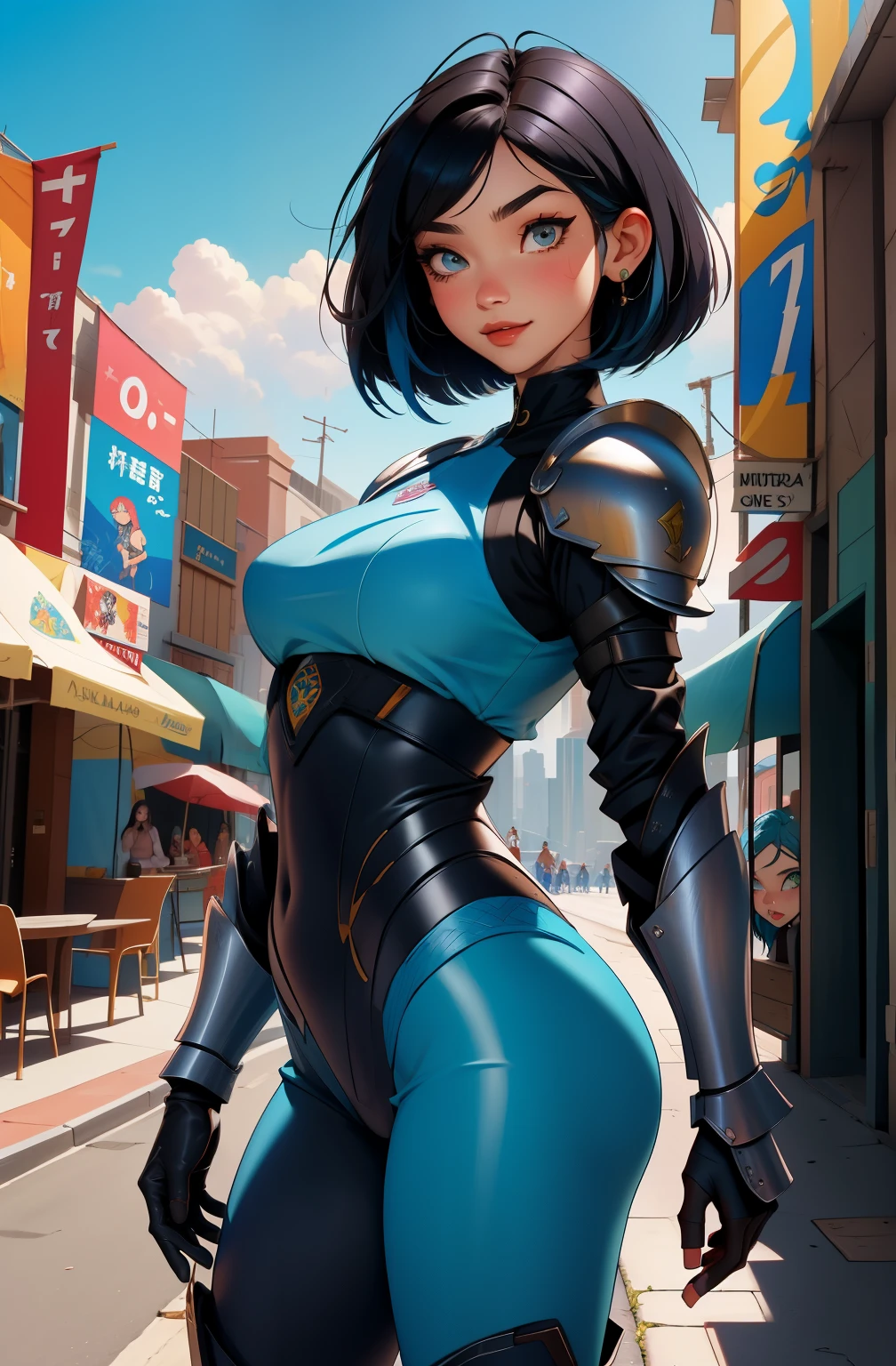 ((comic style)), Amazing artwork, mujer tatuada de pelo azul, hermosa sonrisa en su hermoso rostro, wears tight armor ((peinado bobcut azul)), flequillo desordenado, labios gruesos, ((rojo apretado, correa)), piernas perfectas , 8K, ((Fondo ciudad)), Obra maestra, Mejor calidad