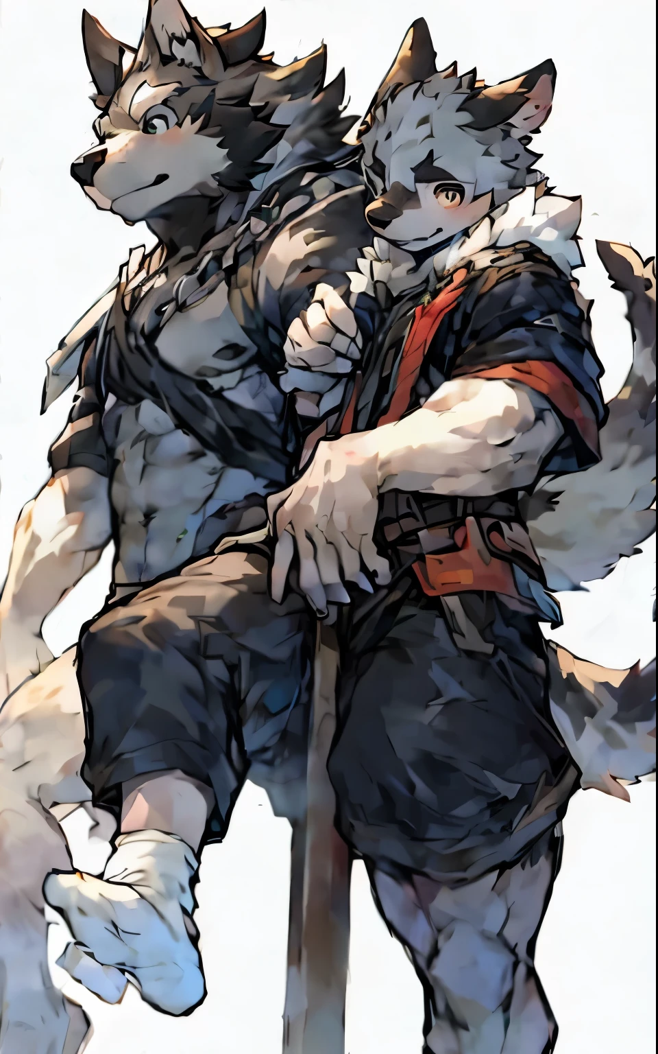 毛茸茸of, animal_Wolf_ear, light white fur, 棕色fur, gray body, white belly, 肌肉发达of,黑色和白色of头发, In good shape, 英俊of, 可爱of, of, 5 finger, Humanity, 穿clothingof, ((wear white socks))(crop top), nipple, clothing, finger, fur, Kanno,male, 肌肉发达of, 独自of, white body, ,gray stripes,(详细of迷彩服装, Soldier, )
