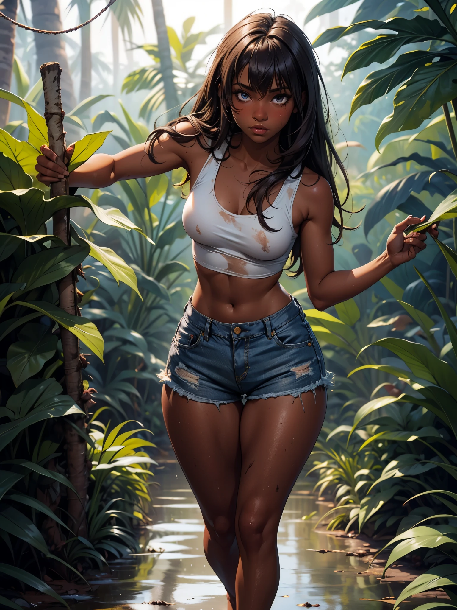 Muddy and dirty dark skin, bangs between hazel eyes, shiny beautiful dark brown super long straight silky hair, eyeliner, strong beautiful girl in denim short shorts and dirty soiled sweaty torn tank-top barefoot, round booty, strong thick legs, strong thick body, small breasts, covered in oil and dirt,  in jungle,