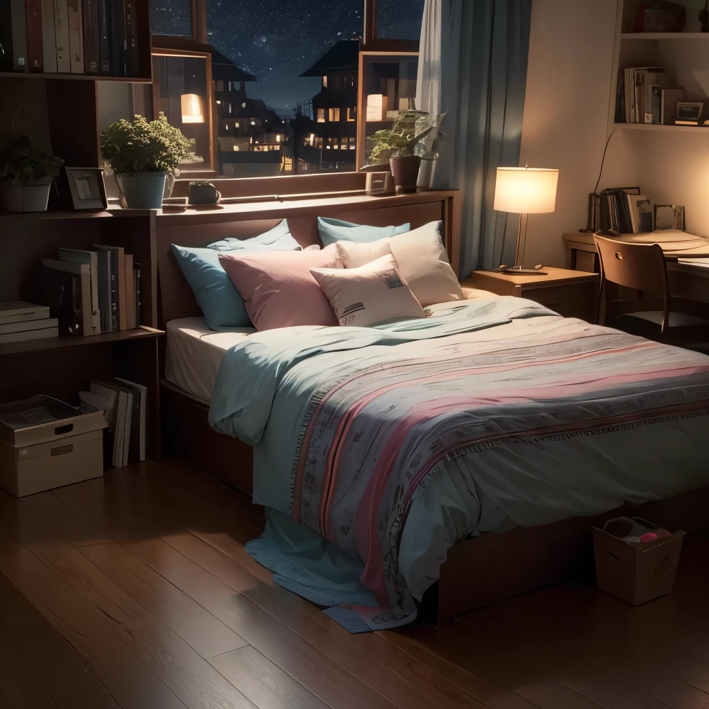 sunset, end, river, room, lots of books,Bohemian style, hanging lights, plant, fairy lights,Flower column bed,Quill pen, Floor lamps, ,comfortable, leisure, Chill, big windows hd 8k, master piece, There are no humans in this scene, 女の子のroom、窓のないroom、Cute bed、cute stuffed animals、A study desk that shows your eagerness to study、bookshelf、窓からnight空が見える、the curtains are closed、You can't see outside、nightの時間帯のroom、window is small、月明かりが少し差し込む程度でroomは全体的に暗い、roomの全景が見える、より暗いroom、A stand light illuminates the desk、nightの時間、night、nightの暗さ、