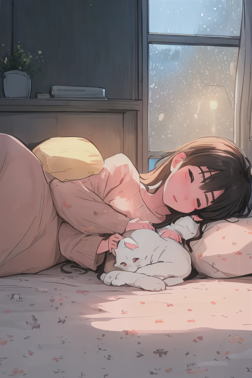 There's a girl lying on the bed with a cat on her lap, cozy wallpaper, dreamy illustration, soft anime illustration, Written by Ati Gailan, Written by Eizan Kikukawa, Lofiato, cute illustration, cute detailed digital art, beautiful illustrations, Cozy and calm, cozy home background, dreamy night, cozy bed, by ヤン・J, cozy place
