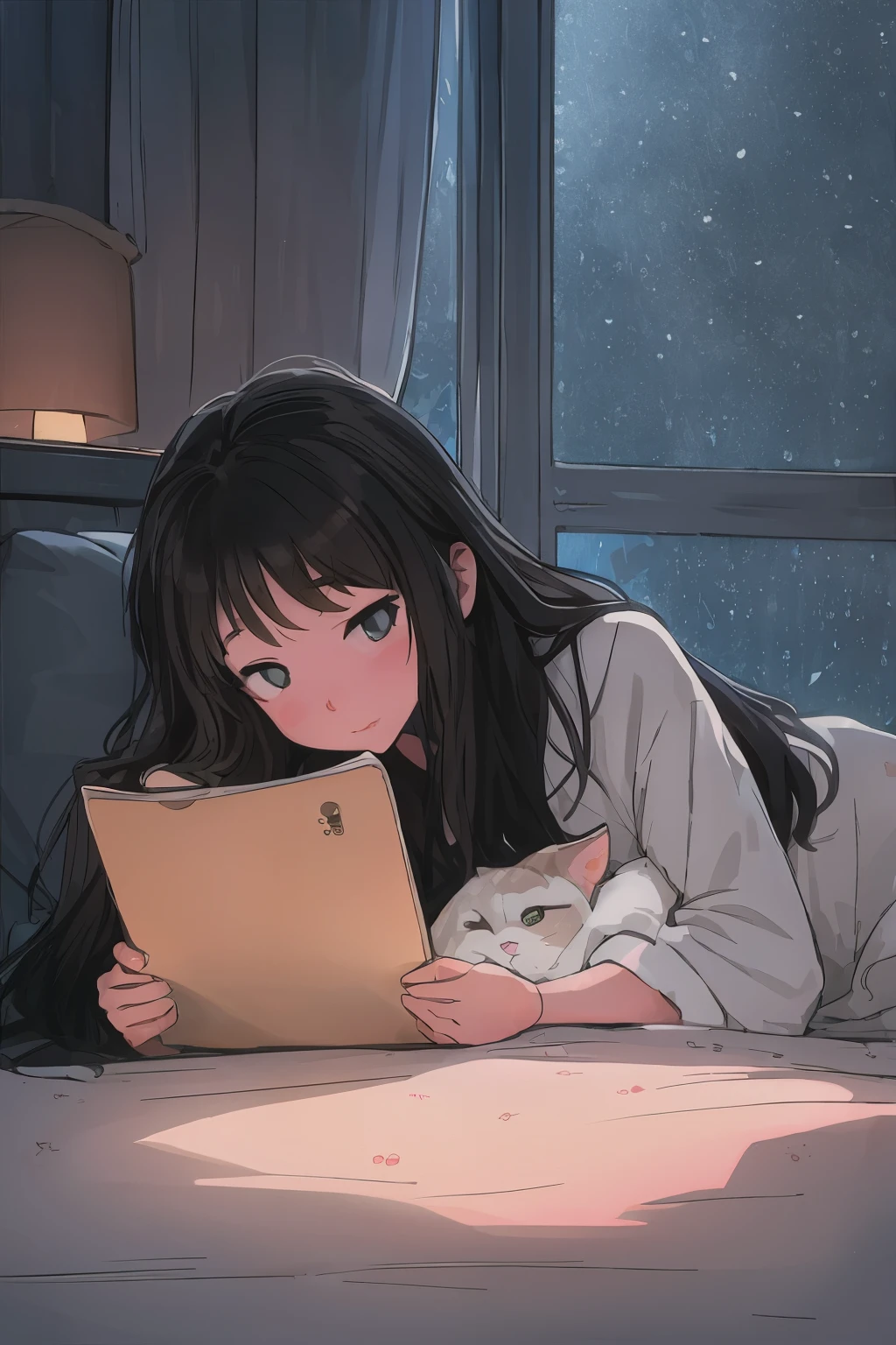 there is a woman laying in bed with a cat and a remote control, artwork in the style of guweiz, guweiz on pixiv artstation, guweiz, guweiz on artstation pixiv, soft anime illustration, guweiz masterpiece, anime style 4 k, Anime art wallpaper 8k, 4k anime wallpaper