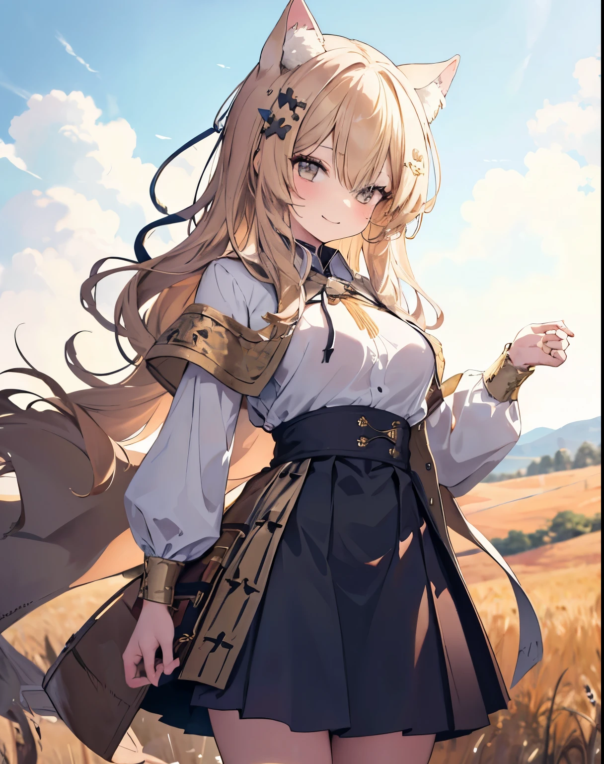 masterpiece,1girl, sparrow, a blonde haired girl, wearing a medieval european villager clothes, curly medium hair, messy hair, black skirt, short brown capelet with furry hoody, slim body, big breasts, she close her left eye, shirt ornament, ****ppai, hair ribbon, seductive smile, beautiful breasts, rounded breasts, crimson eyes, flared skirt, plaid skirt, she stands in the wheat field, iochi mari, cat ears