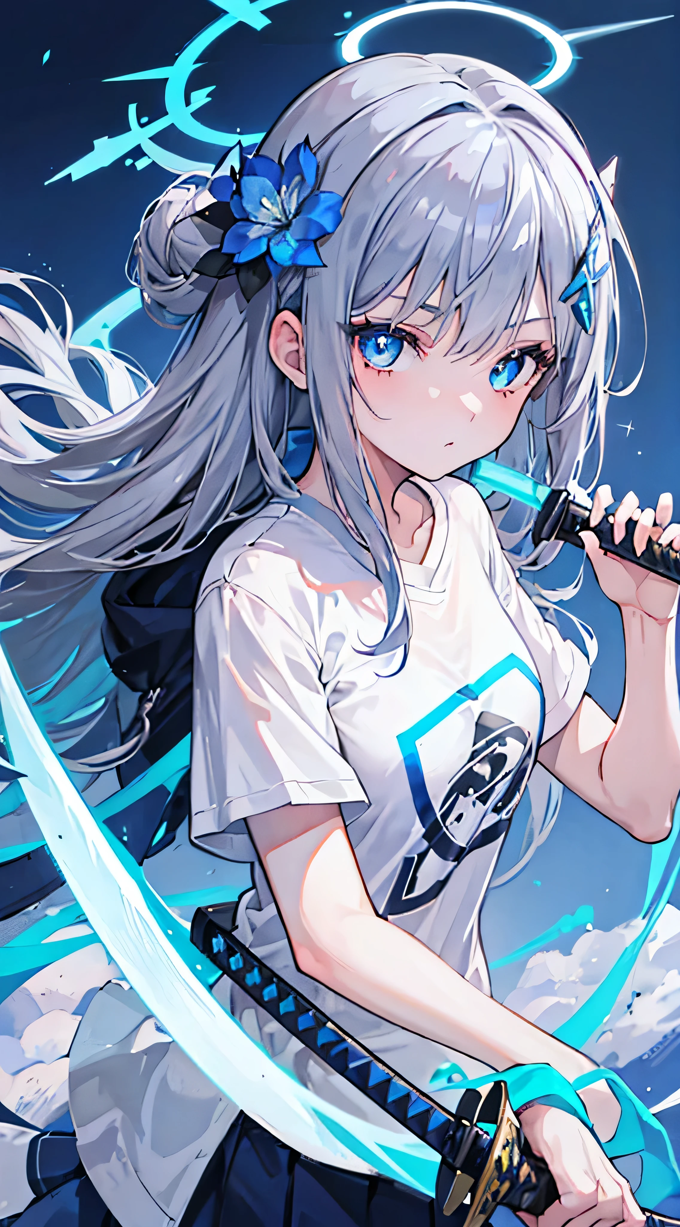 1girl, young girl, T - shirt, glowing blue eyes, grey hair, long hair, blue flower hair ornament, halo, ultrasharp, 8k, looking at viewer, pretty eyes, perfect hands, mean stare, katana sword