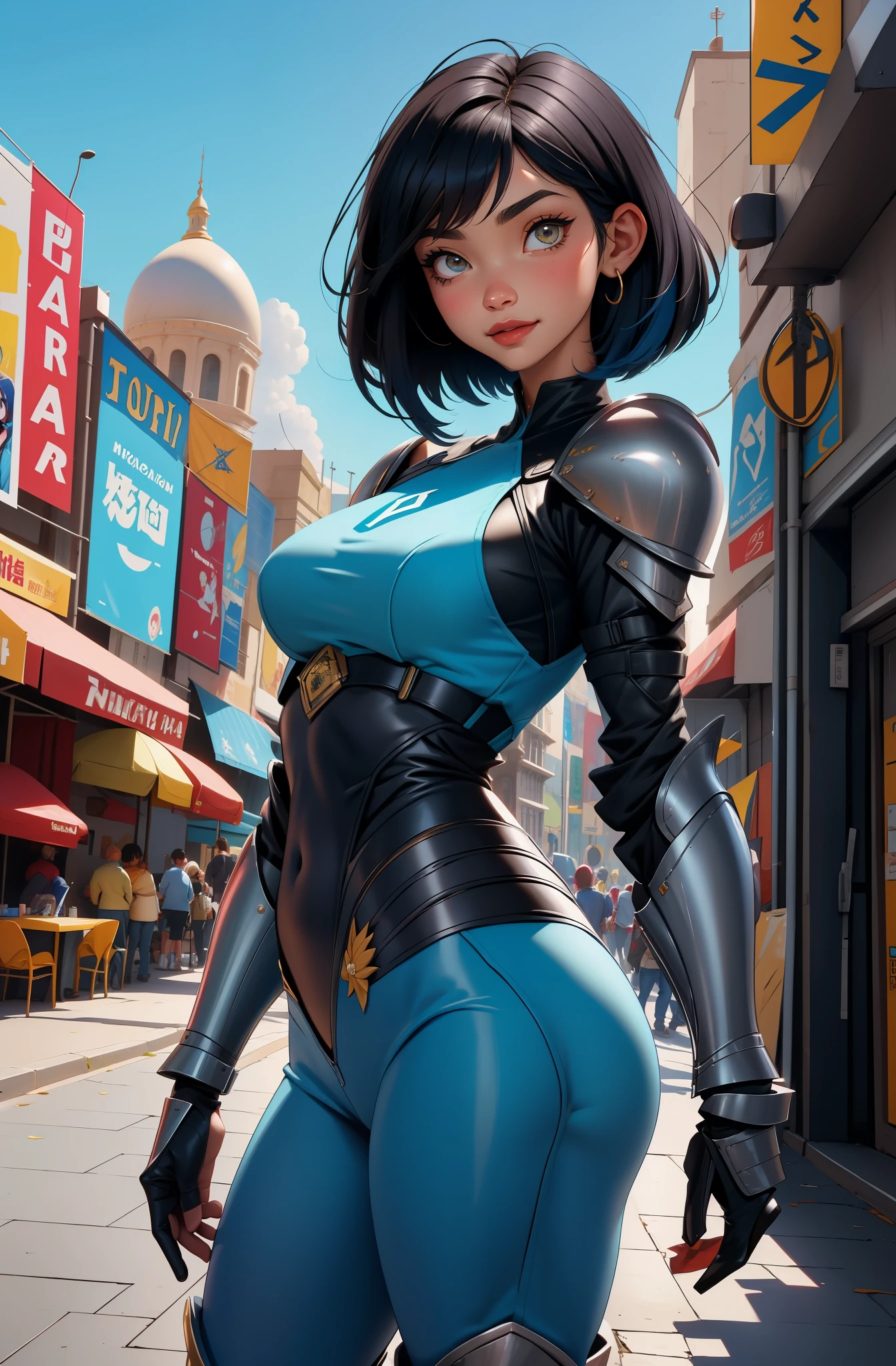 ((comic style)), Amazing artwork, mujer tatuada de pelo azul, hermosa sonrisa en su hermoso rostro, wears tight armor ((peinado bobcut azul)), flequillo desordenado, labios gruesos, ((rojo apretado, correa)), piernas perfectas , 8K, ((Fondo ciudad)), Obra maestra, Mejor calidad