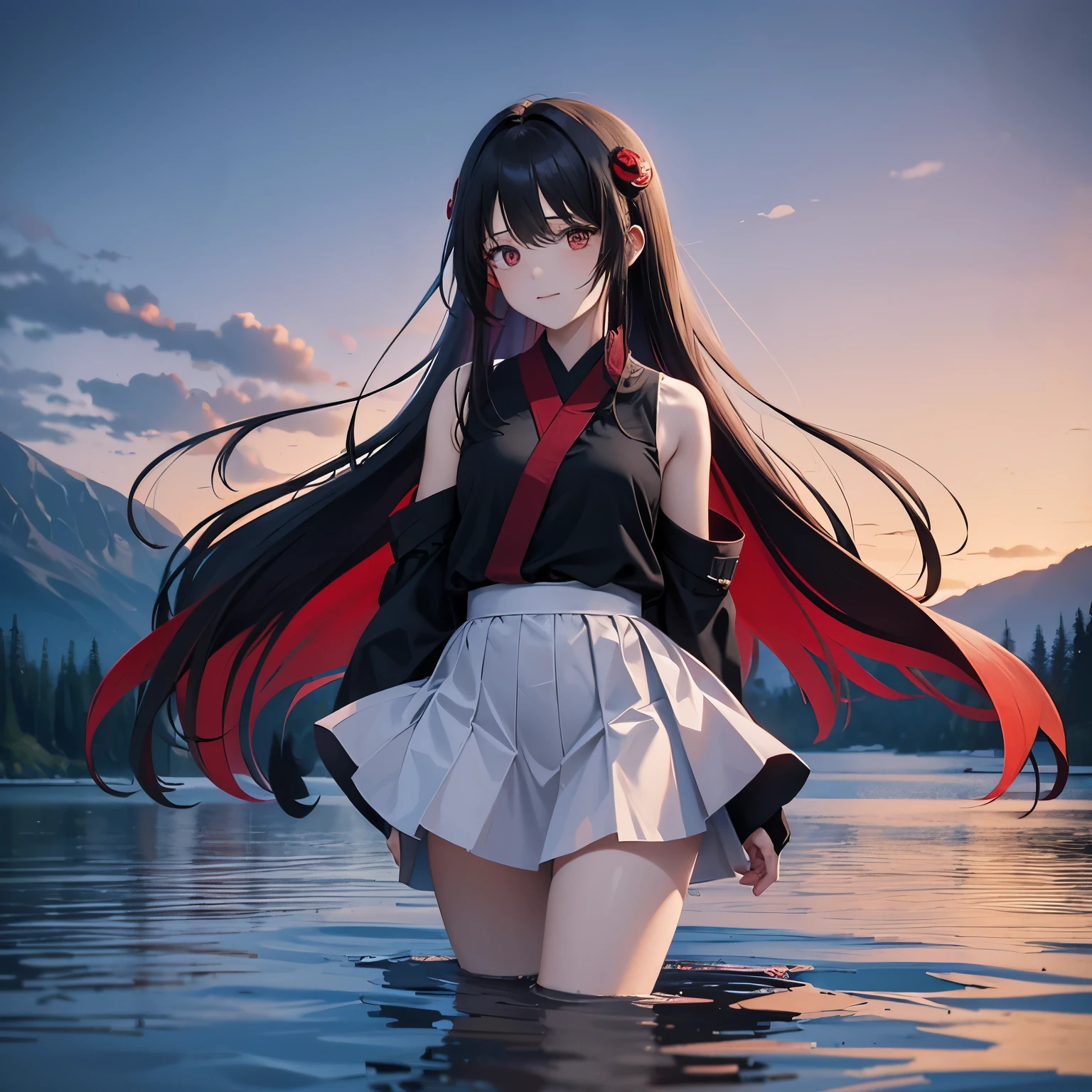 a beautiful and cute female walks on the lake in the mountain, the surface of the lake show that the female's two charactor's sides, above the lake is her light and kind side, below the lake is her dark and haemophius side, she is a female ninja, a blood moon on the sky, blood filled under the lake, wonderful lake and awesome blood field, ((cowboy-shot))