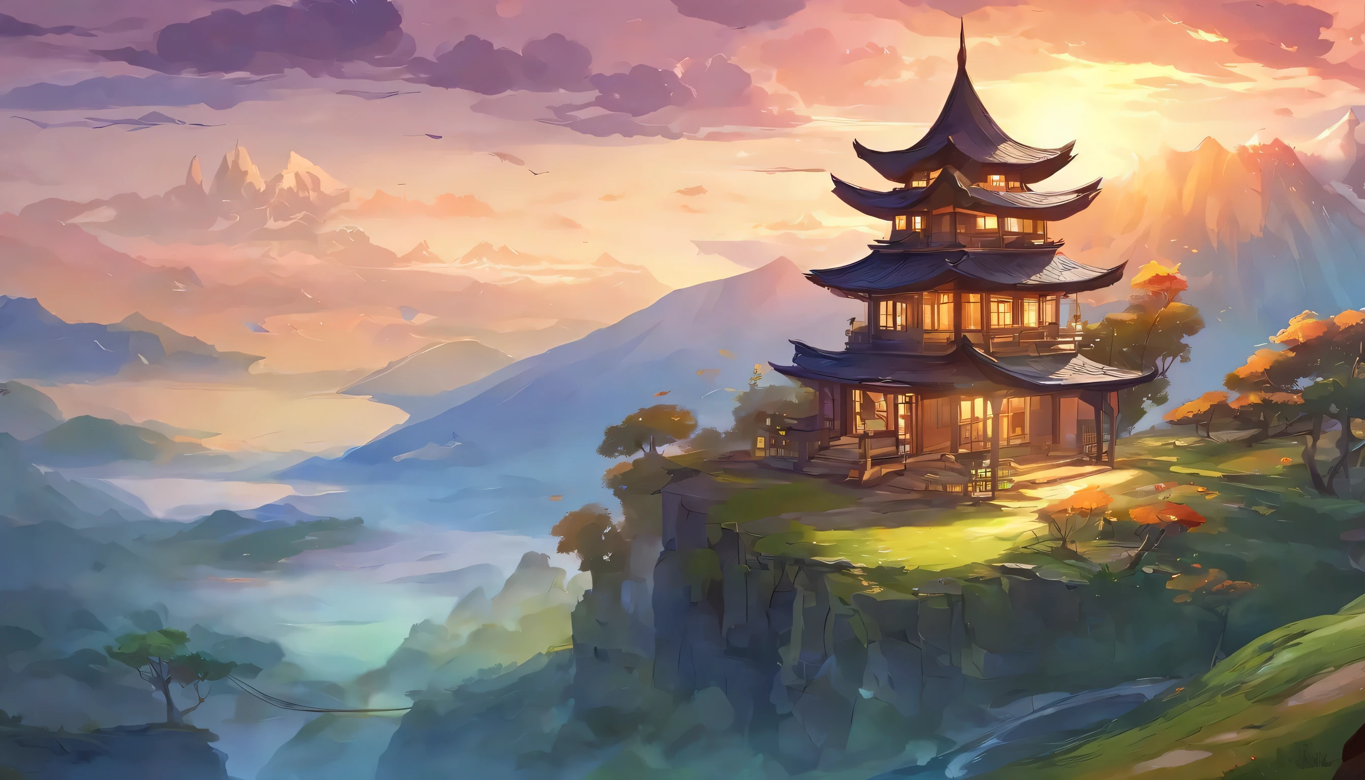 Anime style house on the mountain，Lake and mountains in background, Animation pastoral scenery, anime scenery concept art, Anime landscape, anime background art, ( ( Xin Haicheng ) ), Painting in animation artist studio, Xin Haicheng. —H 2160, beautiful anime scenery, anime scenery, beautiful anime scene, style of Xin Haicheng
