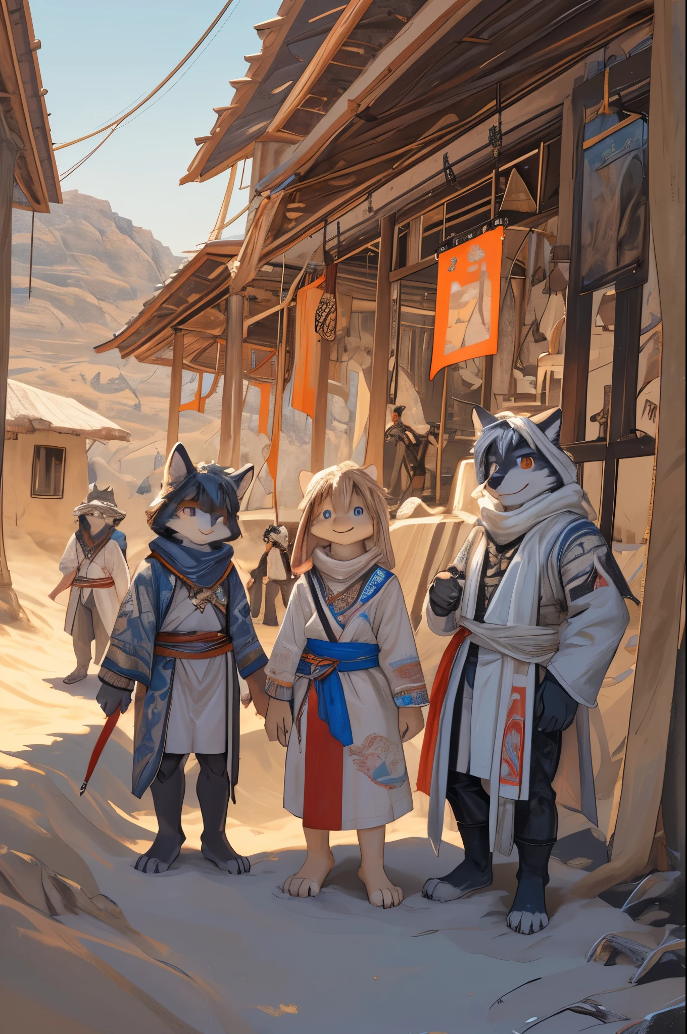 top quality, best quality, High-quality illustrations, masterpiece, super high resolution, detailed background, detailed background, desert, sand dunes, pyramid, Traditional costumes, group shot:0.2, 6+boys, 6+girls, Happy, joyful, absurdres(highly detailed beautiful face and eyes)perfect anatomy(kemono, furry anthro)selfie:0.1,