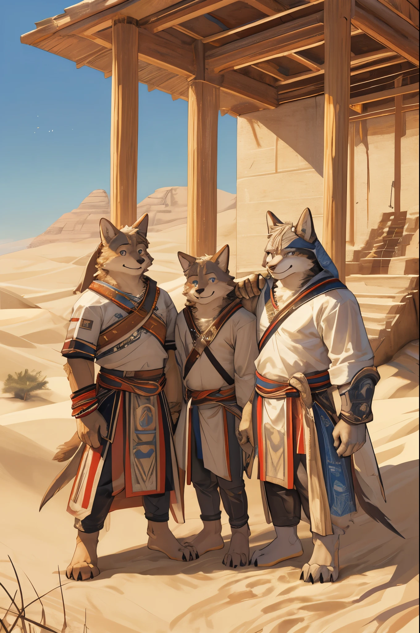 top quality, best quality, High-quality illustrations, masterpiece, super high resolution, detailed background, detailed background, desert, sand dunes, pyramid, Traditional costumes, group shot:0.2, 6+boys, 6+girls, Happy, joyful, absurdres(highly detailed beautiful face and eyes)perfect anatomy(kemono, furry anthro)selfie:0.1,