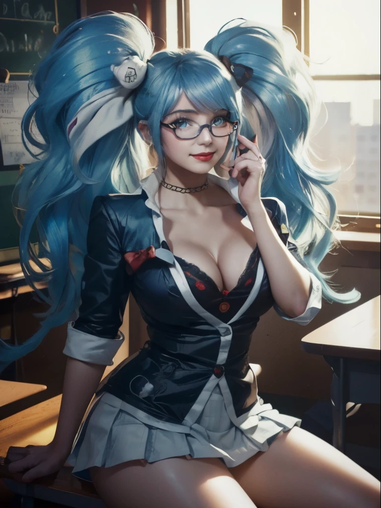 masterpiece, best quality, ultra-detailed, illustration, colorful, flat color, depth of field, lens flare, 1girl, sona \(league of legends\), blue hair, blue eyes, gradient hair, twintails, hair ornament, anime, sitting, looking at viewer, school, classroom, (white unbuttoned shirt, black pleated skirt, no bra, teacher, milf), spread legs, navel, detailed skin texture, beautiful detailed face, smile, collarbone, alluring attire, seducing, glasses, red lipstick, (huge breasts, curvy, voluptuous)