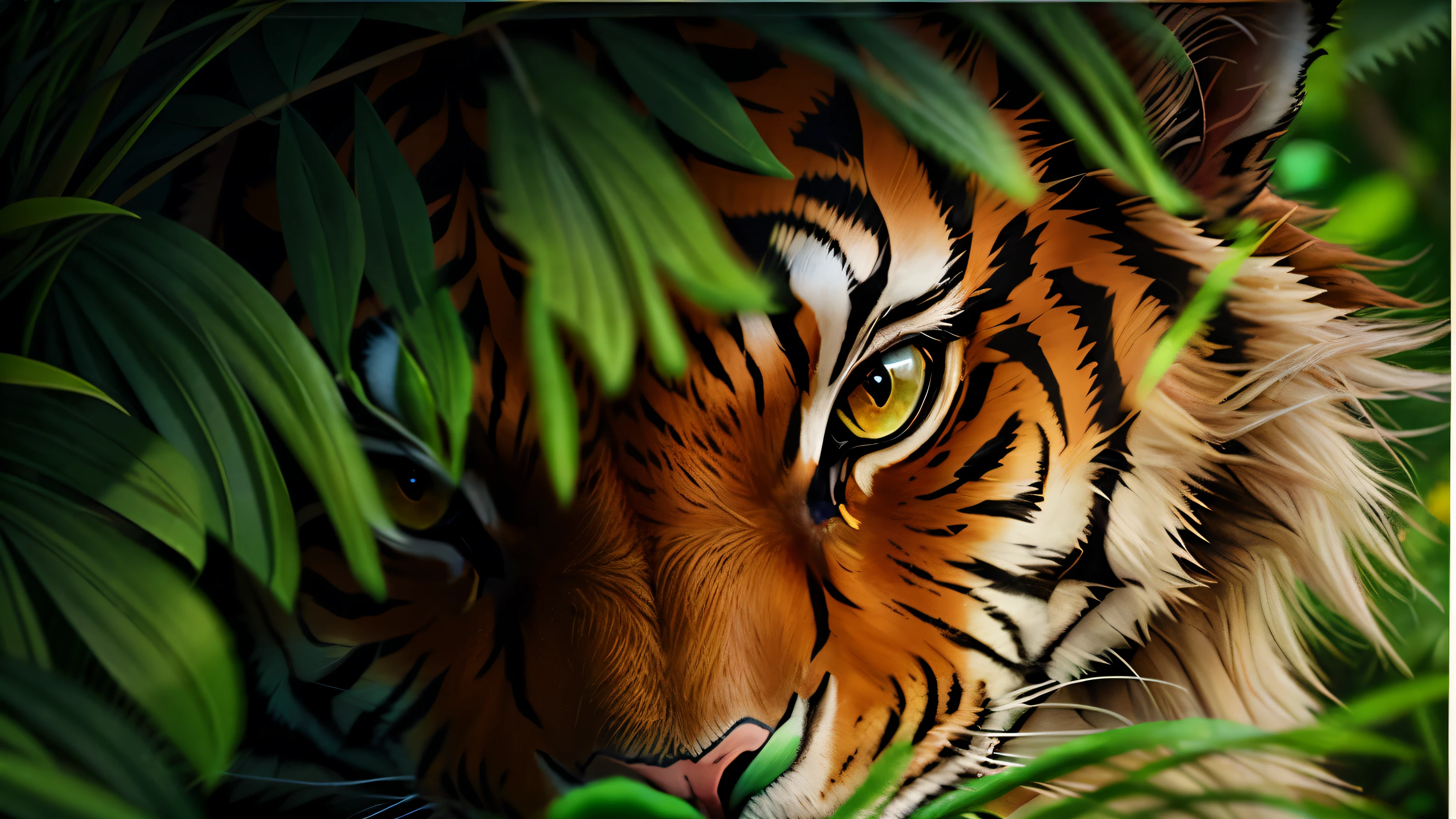 there is a Tiger that is looking out of the bushes, ((Tiger)), Tiger, Tiger_beast, a Tiger, lisa parker, close!!!!!, half Tiger, by Tadashi Nakayama, close!!!!!!, sacred Tiger, close-up shot in the middle, Tiger face, Tigers, really close - up shot, 鳥beast, Written by Dietmar Damerau