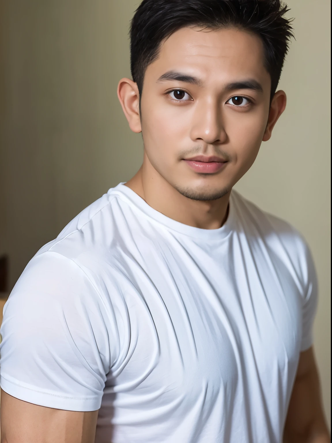 A malay male adult man,Wearing a white t shirt, no make up.