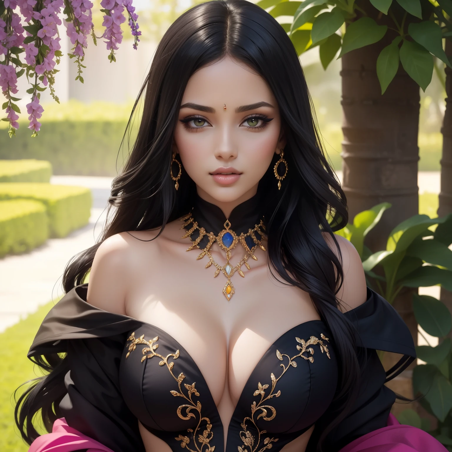 (best quality,4k,8k,highres,masterpiece:1.2),ultra-detailed,(realistic,photorealistic,photo-realistic:1.37),sexy woman,long black hair,beautifully styled,gorgeous makeup,bold and seductive,black lehenga with plunging neckline,exquisite embroidery,medium chest,provocative cleavage,sultry pose with confidence,soft and alluring lighting,vibrant colors that enhance her beauty,smooth and flawless skin,intricate details showcasing her glamorous jewelry,dramatic eyes with smokey eyeshadow,pouty lips with a touch of gloss,nail art that matches her outfit,captivating gaze that draws you in,confident posture exuding sensuality,feminine curves accentuated by her attire,charming smile that radiates confidence and allure,subtle wind blowing through her hair,adding a touch of movement to the composition,stunning background with a lush garden,beautiful flowers in vibrant hues,creating a contrast against her dark attire,creating a visually striking composition that celebrates the beauty and allure of a confident and sexy woman.
