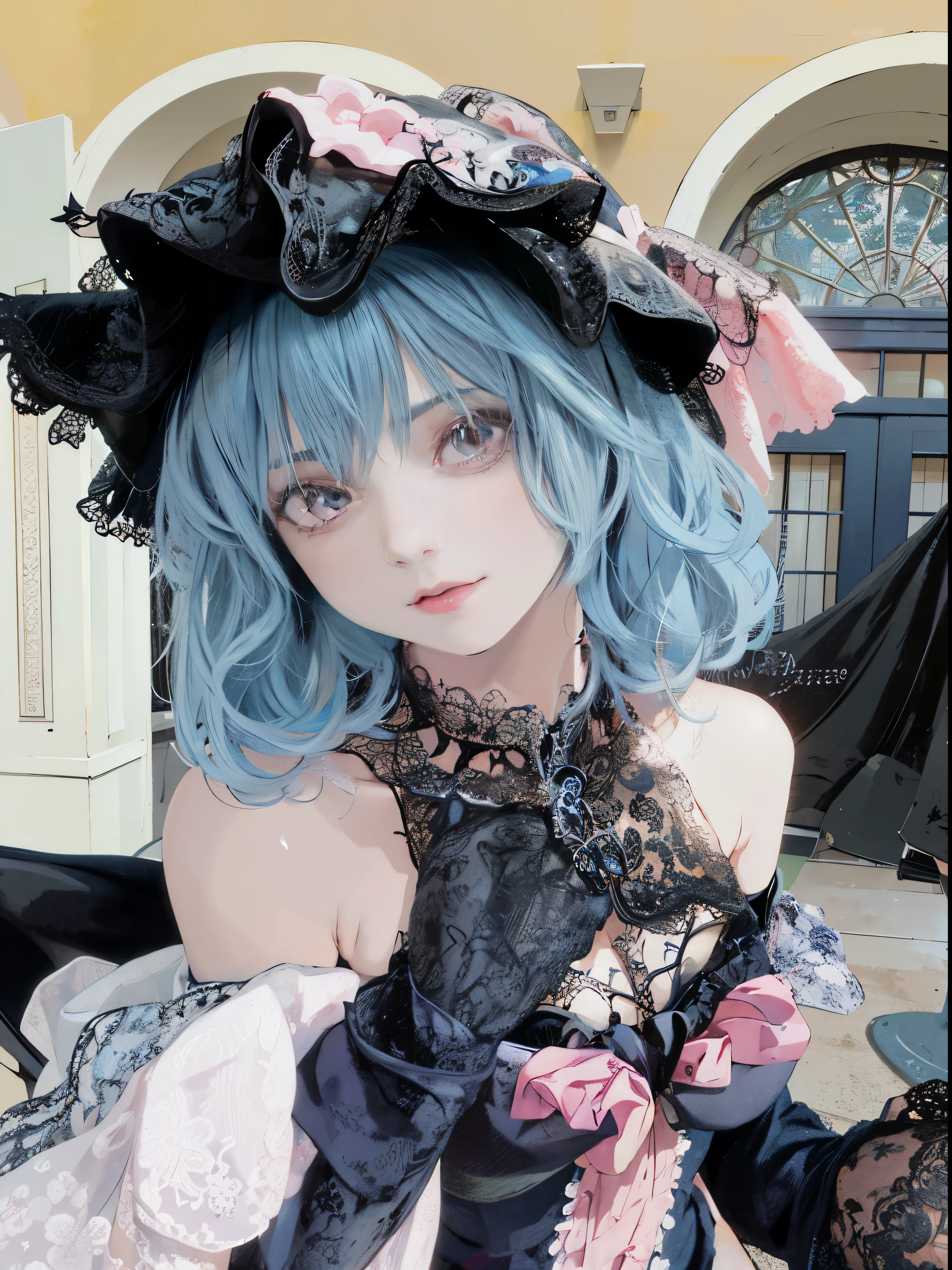 blue hair alphaphy girl, black dress and pink hat, magical lolita girl portrait, anime girl cosplay, 1 7 - anime goth girl, gothic otome anime girl, fairy core, dreamy gothic girl, blue skin, , anime cosplay, Beautiful blue hair girl, lolita style, Ulzzang, Pastel Gothic aesthetics