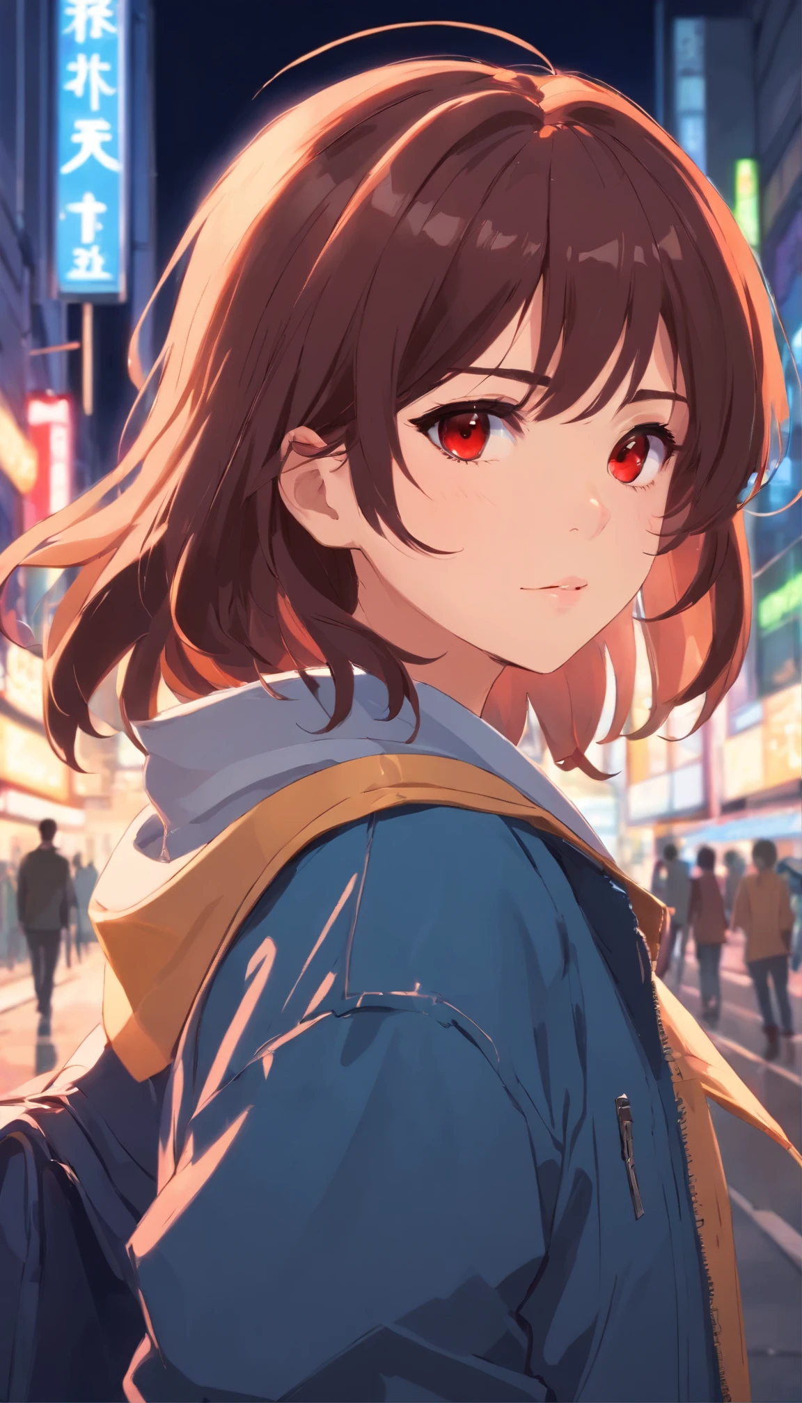 A beautiful and cute girl, wearing jacket, decent look, handsome girl, attitude, beautiful red eyes, brown hair, cool style, y