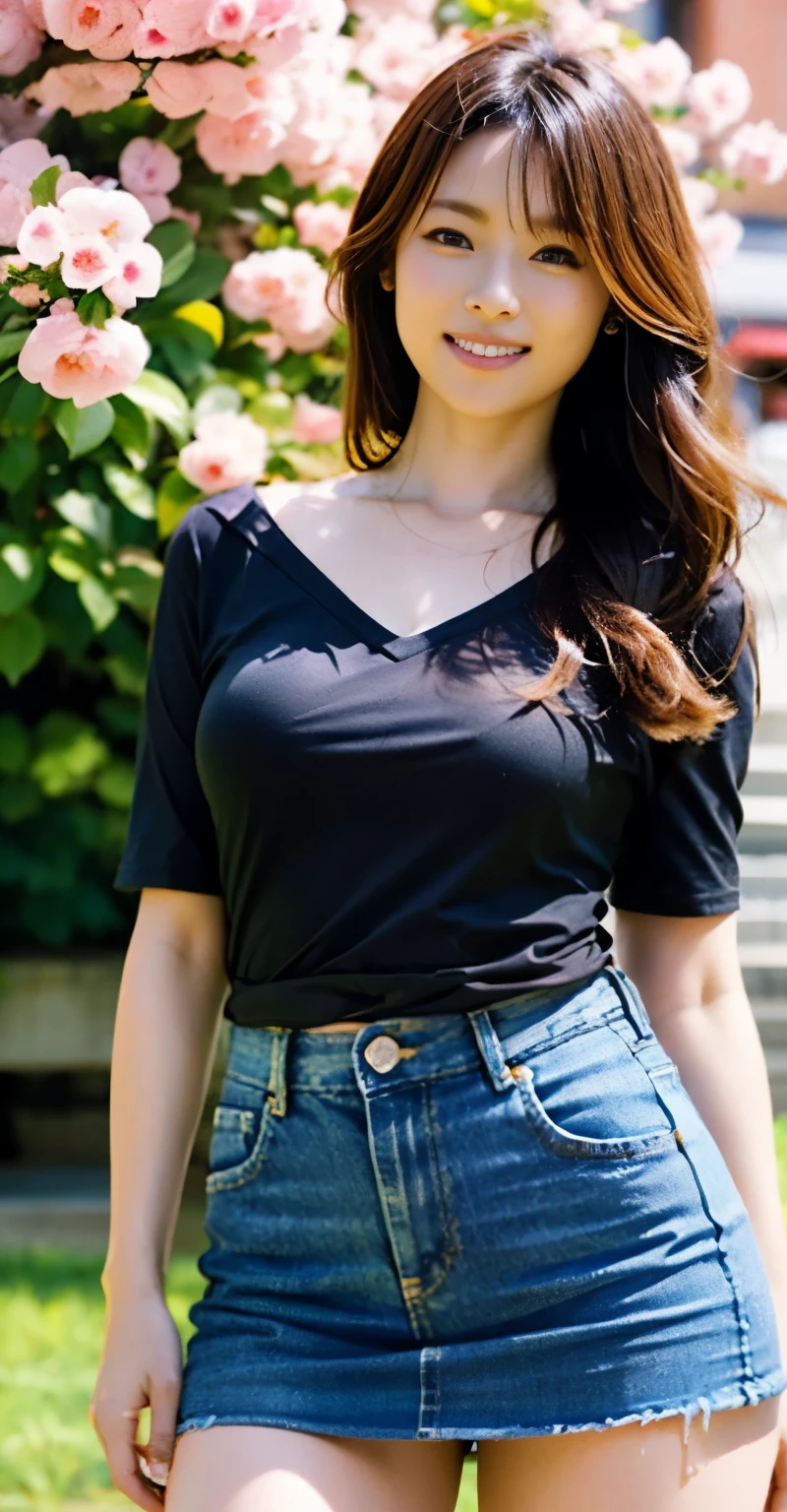 (((perfect anatomy))),((Ulzan 6500)),highest quality,very detailed,masterpiece,Super detailed,In front of a plum blossom in full bloom, bend forward with your knees together and bring your arms together in an inviting pose.,超High resolution,(realistic:1.4,8k),Posing with your chin pulled in in a park where plum blossoms are in full bloom under the dazzling morning sun.,A 20-year-old woman who is beautiful just by standing,The slim, muscular, big hips are irresistible.,((Perfectly sized V-neck mini T-shirt and jeans mini skirt are the best match)),The most adorable smile with raised eyebrows and corners of the mouth,Proud chestnut sauvage hair,High nose and deep chiseled face,Elegant appearance,Dynamic full-body portrait from above,magic lighting,Bright colors,Melting deep depth of field background using Hasselblad,(highest quality,4k,8k,High resolution,masterpiece:1.2),(realistic,realistic:1.37),