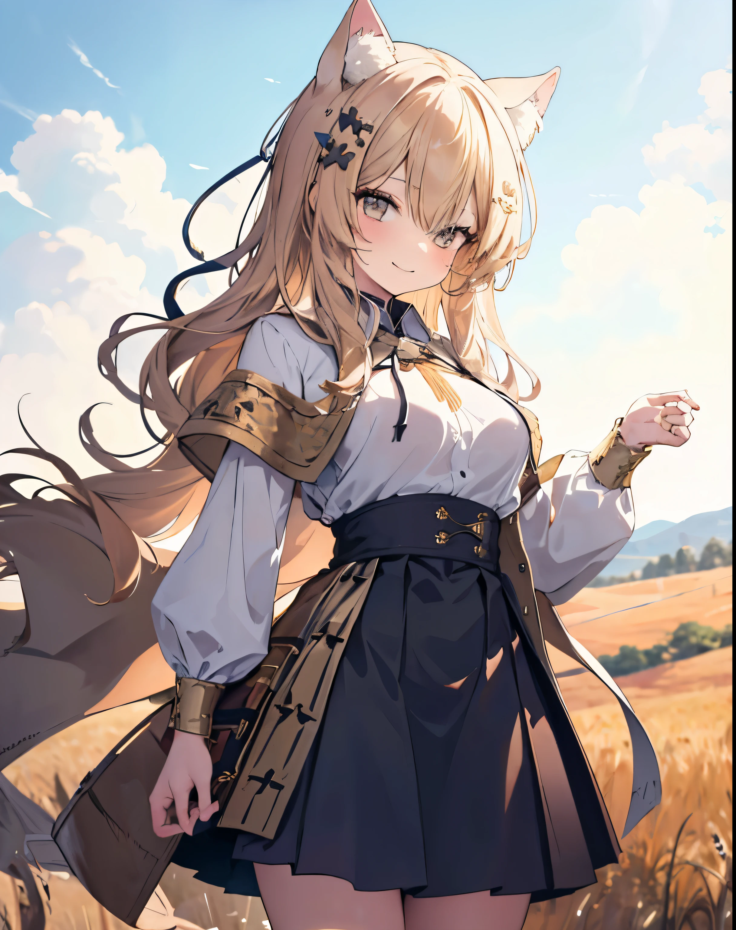 masterpiece,1girl, sparrow, a blonde haired girl, wearing a medieval european villager clothes, curly medium hair, messy hair, black skirt, short brown capelet with furry hoody, slim body, big breasts, she close her left eye, shirt ornament, lolippai, hair ribbon, seductive smile, beautiful breasts, rounded breasts, crimson eyes, flared skirt, plaid skirt, she stands in the wheat field, iochi mari, cat ears