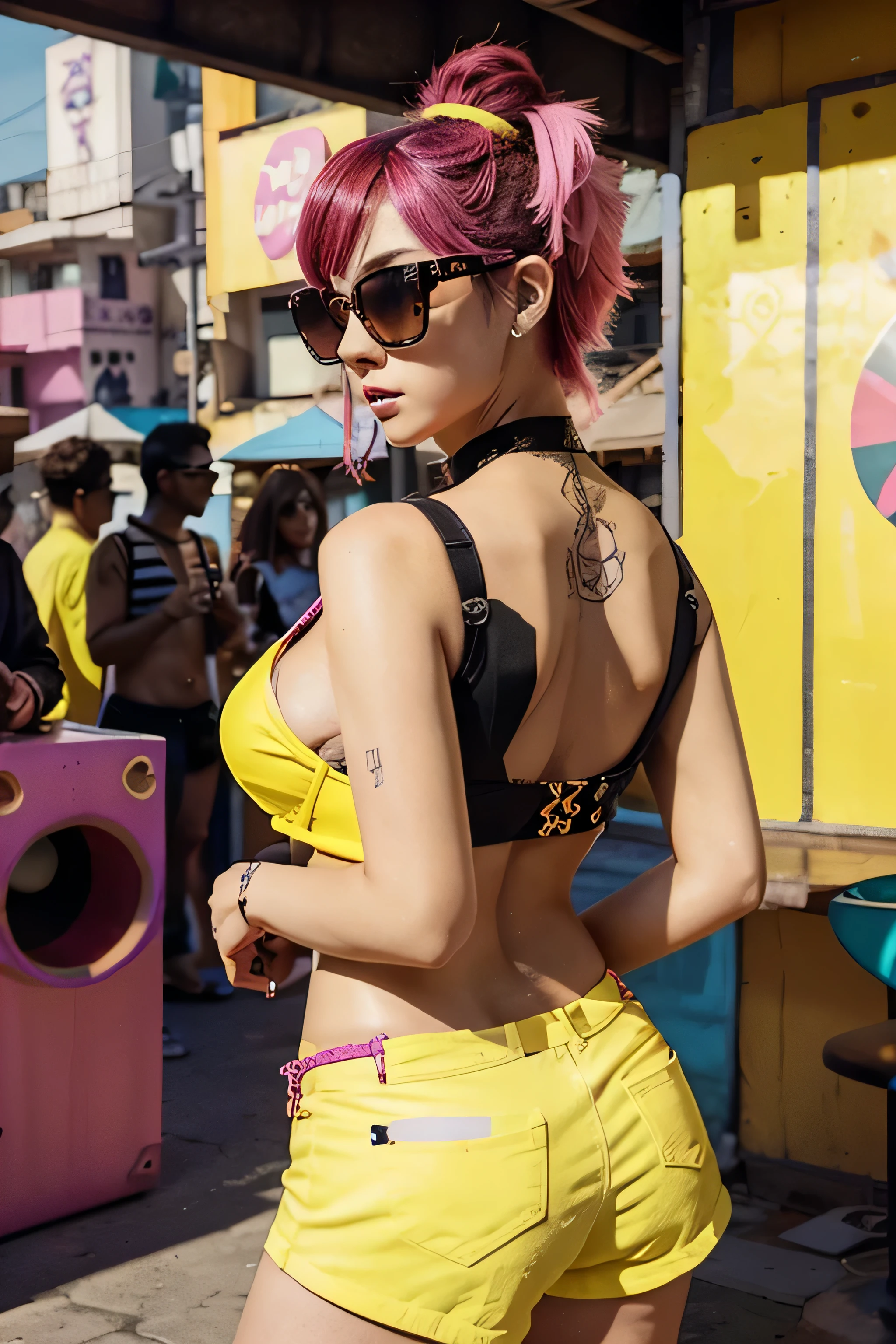 Funky girl back view with a geometric shapes background, a punk hairstyle and 
sunglasses, create this beauty and fashion profile scene. Retro look 
perfect for fun projects. 3d digital art render. in the style of yoh nagao, 
lively tavern scenes, outdoors and, yellow and pink, drugcore, cult party kei,
fragmented advertising, playful use of line.