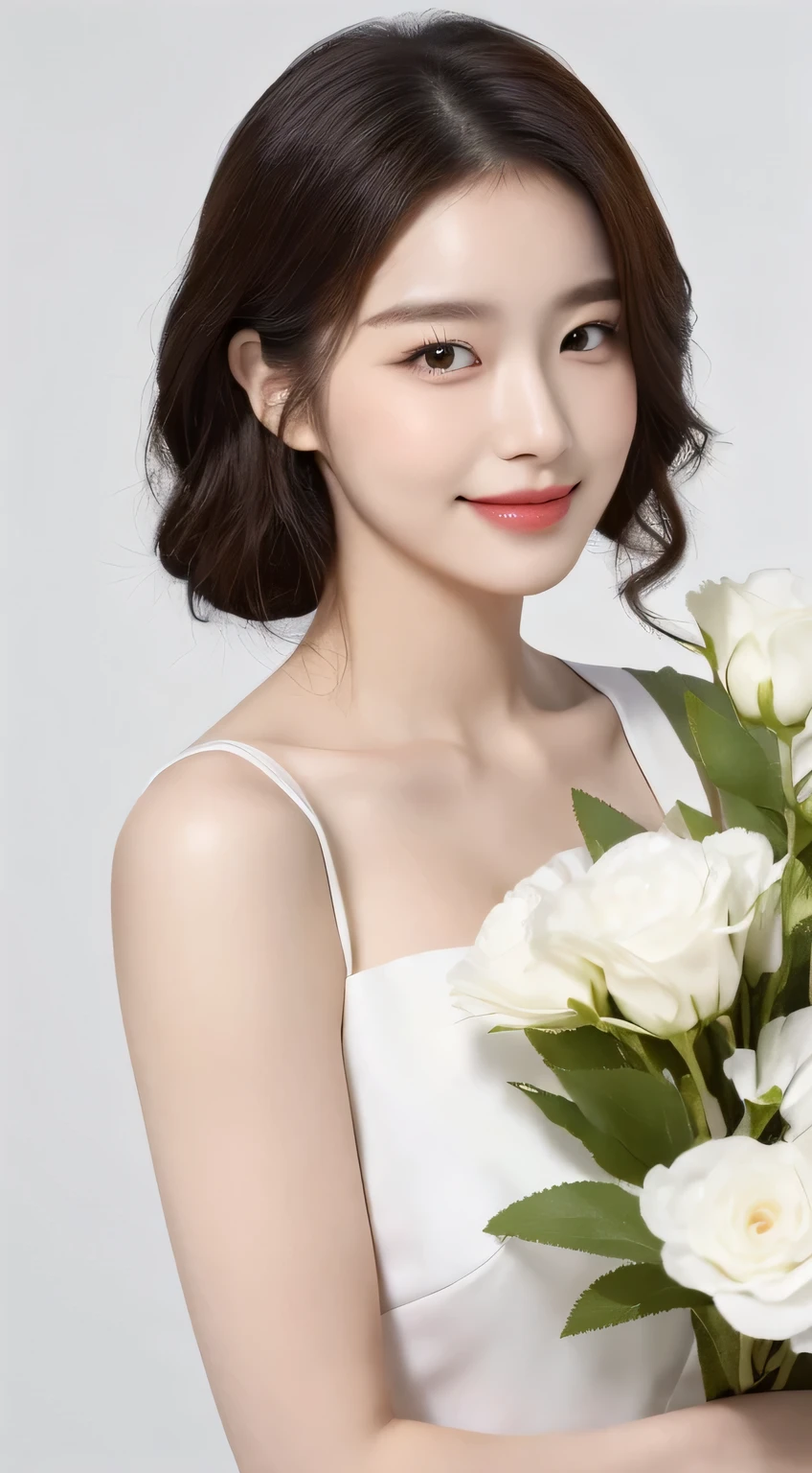 (4K, high resolution, best quality, chef d'oeuvre:1.2), une femme coréenne tient un bouquet de fleurs, curly hair, femme porte une robe blanche, (Photorealistic),(ultra-detailed), corps entier complet dans le cadre:1 ,fond blanc,