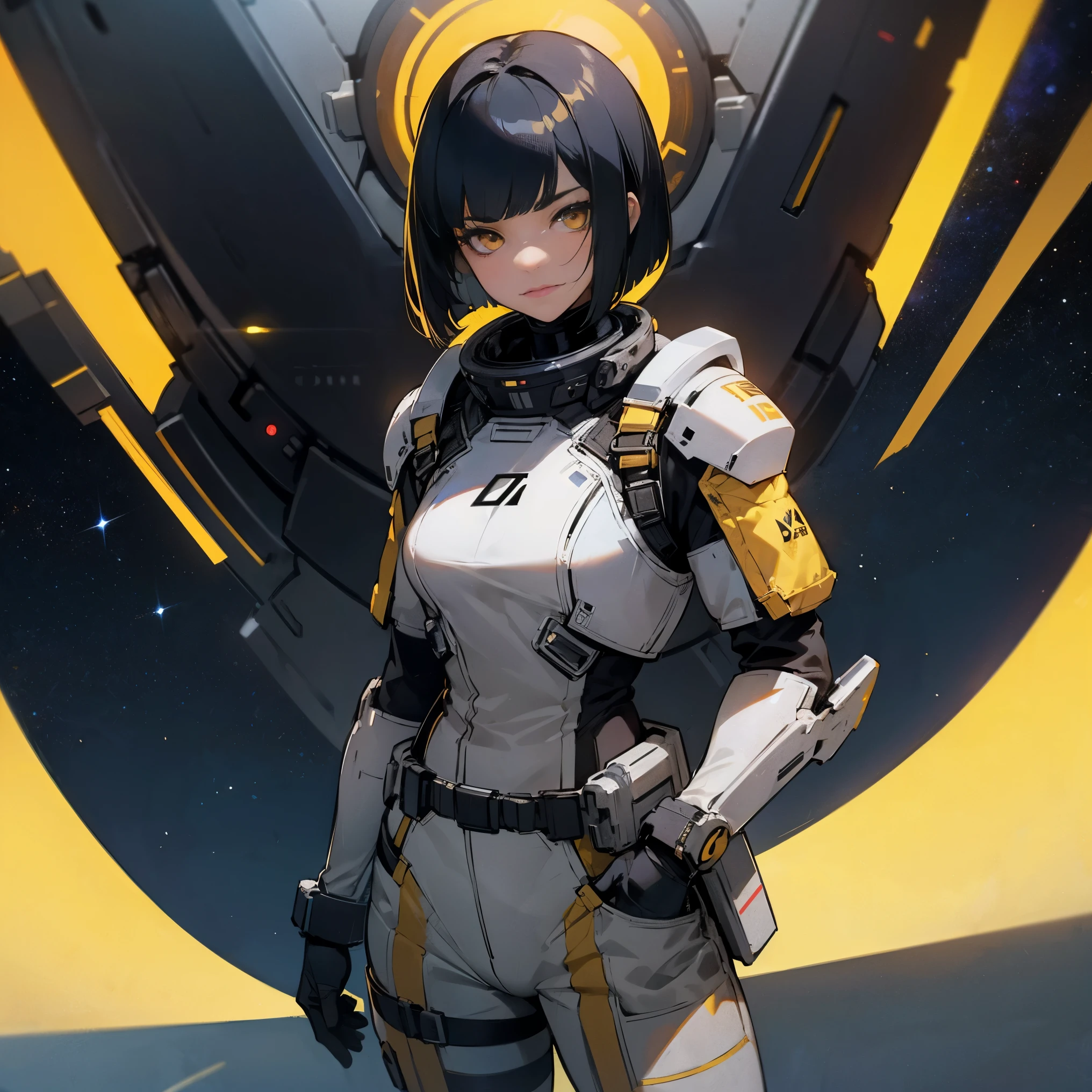 1female, adult, finely detailed yellow eyes, medium bob cut, black hair color, mass effect space armor, war paint, bandolier across chest, jetpack, standing with hands in pocket, standing in space hanger