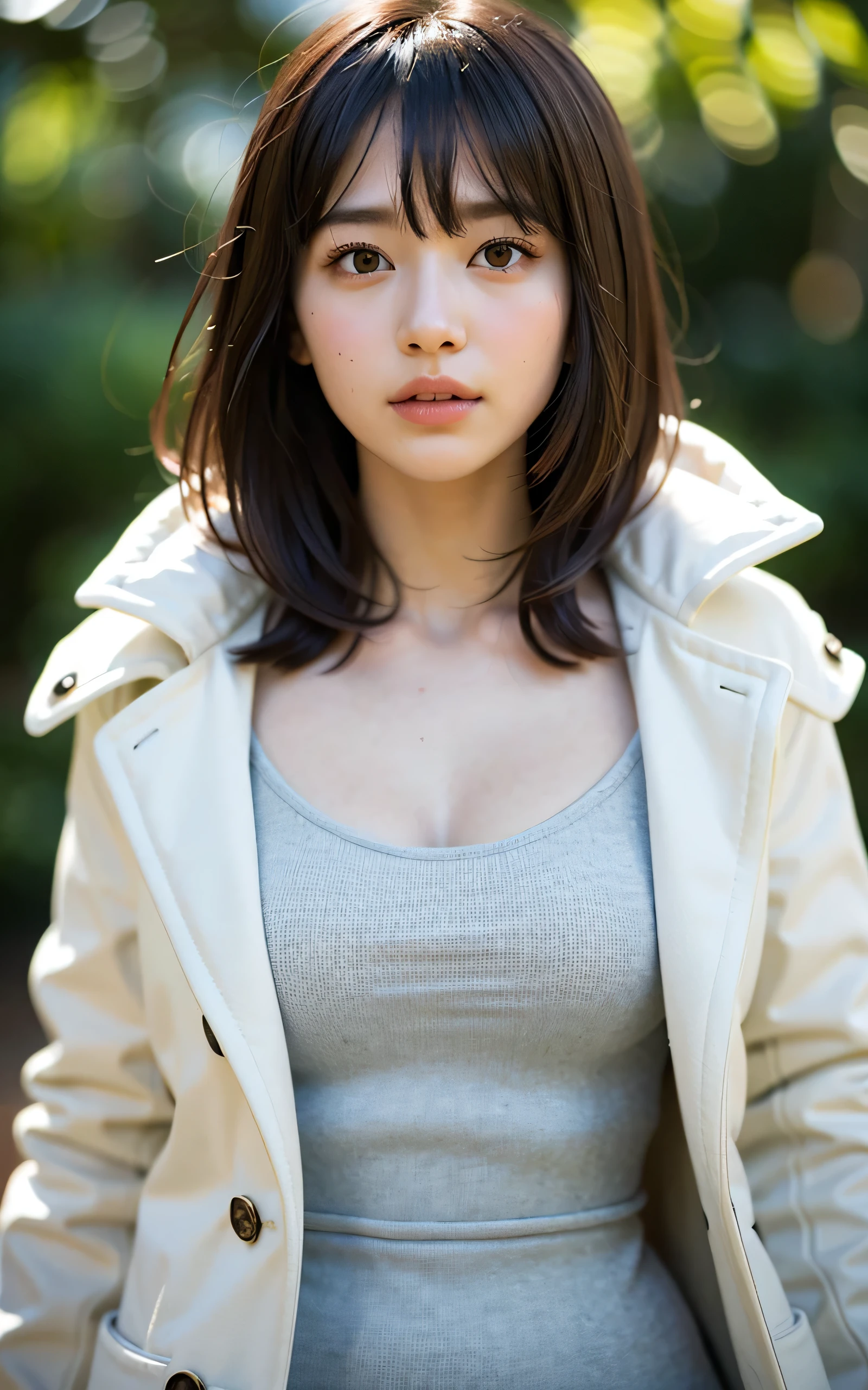 masterpiece, highest quality, RAW photo, 8k, 1 girl, Fine and beautiful skin, Backlight, soft light, shy, embarrassing, luminescent, look away, anatomically correct, medium hair, bangs, Eye and face details, rough skin, professional photography, Bokeh, portrait, professional lighting, alone, Petrified, cute, Girly, film grain, winter coat,