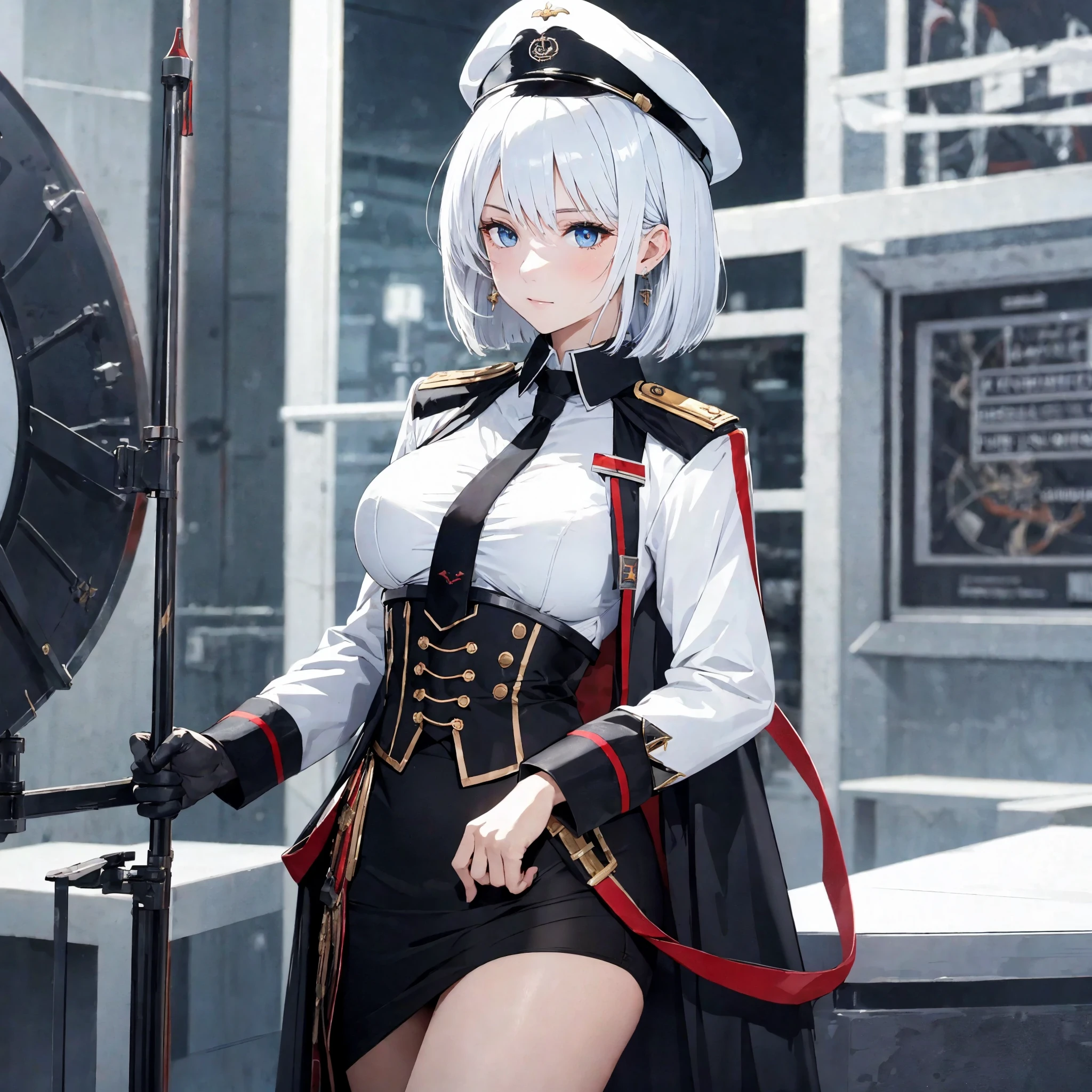((masterpiece, best quality)), {full body}, ((1 girl)), ((beauty detailed eye)), {black business suit:1.40}, {black neck tie:1.1}, {black gloves on both hand:1.05}, {standing pose:1}, {german iron cross decoration on neck:1.15}, {white shirt:1.10}, {german admiral hat:1.10}, {white coat:1.10}, {black tight skirt:1.15}, {black pantyhose:1.15}, {black military shoes:1.15},  [wide hips], slim, handsome, 16k picture quality, {tirpitz_azurlane:1.1}, tirpitz from azur lane, standing on sea blue_eyes, hair_between_eyes, slight smile, short_hair, breasts, beautiful detailed face, highly detailed,illustration,extremely detailed sea background wallpaper, cinematic lighting, black tight skirt, black pantyhose, mature, white_short_hair, large_breasts, earrings, jewelry, cross_earrings, bangs, cinematic angle, posing caustics, looking_at_viewer