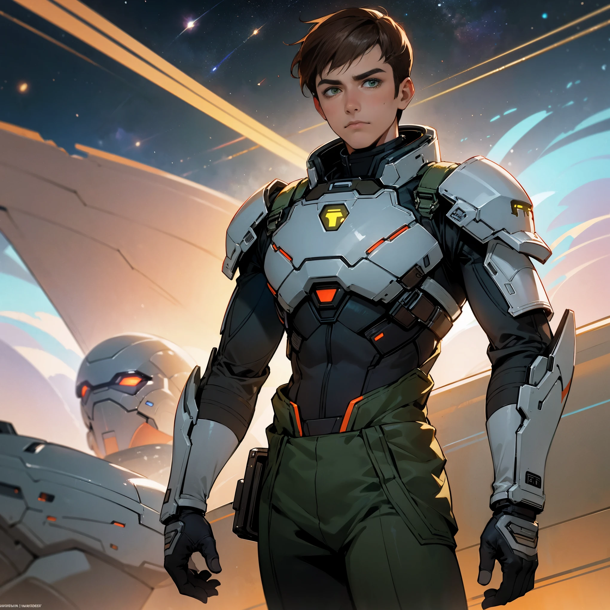 1male, adult, finely detailed green eyes, brown hair color, tapered faded haircut, mass effect space armor, war paint, bandolier across chest, jetpack, standing with hands in pocket, standing in space hanger