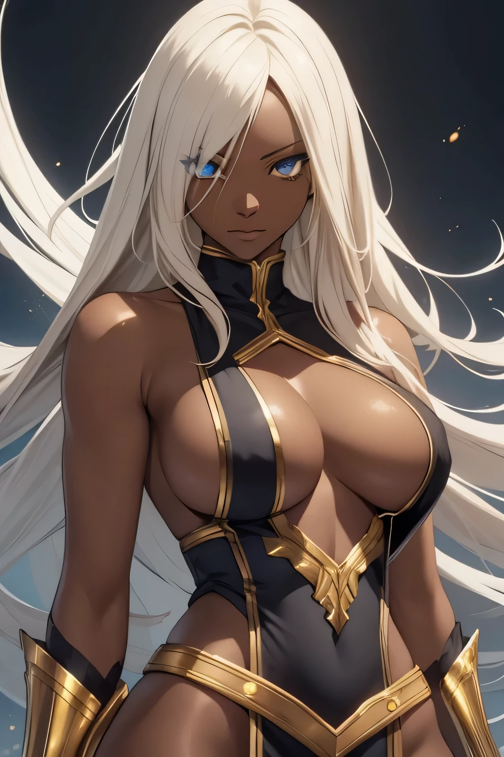 tier halibel, bleach, dark skin, long blonde hair, gold eyes, ((detailed eyes:1.2)), large breasts, nsfw, wearing superhero costume, sexy, sensual, sleeveless, sideboob, underboob, masterpiece, top quality, best quality, official art, beautiful and aesthetic:1.2), extreme detailed, colorful, highest detailed