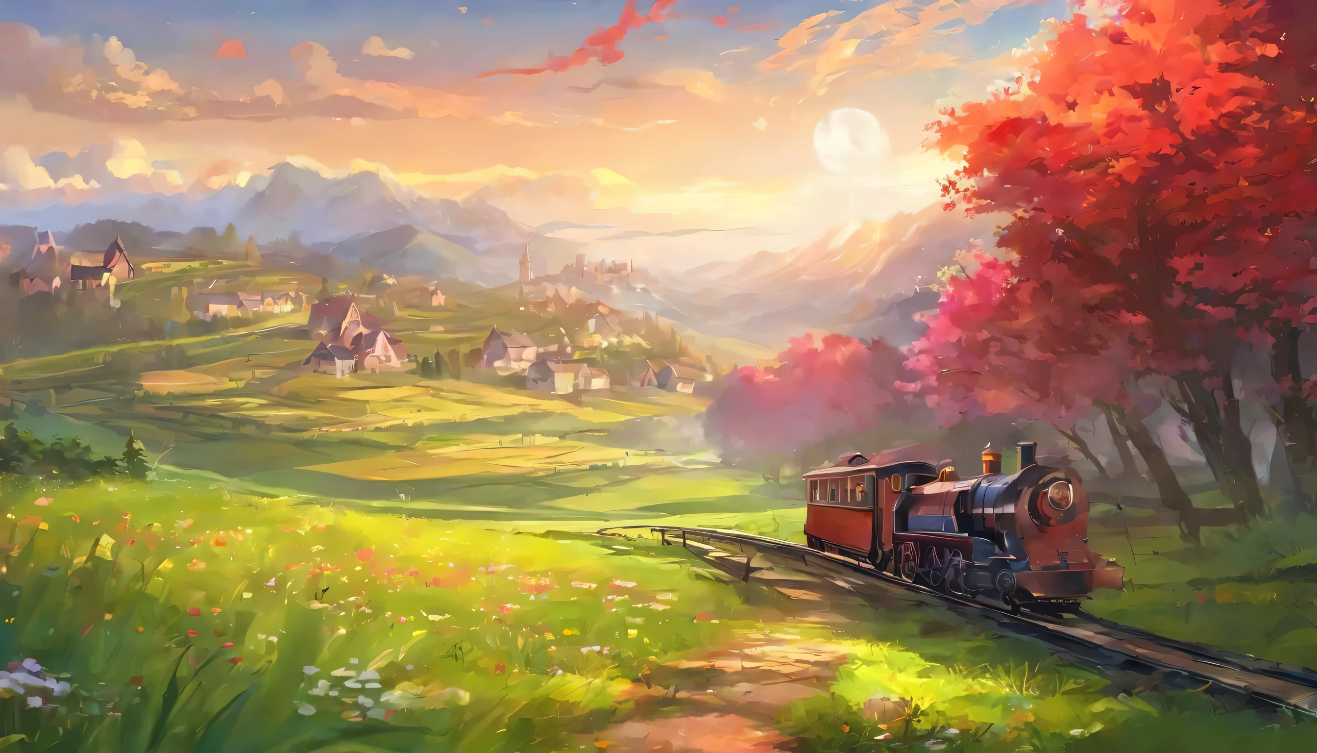 There is a train running on the tracks in the field, beautiful anime scene, Animation pastoral scenery, beautiful anime scenery, Anime beautiful peaceful scene, ( ( Xin Haicheng ) ), Colorful anime movie background, Amazing wallpapers, anime background艺术, train station in summer, anime background, Red line animated film style, studio glibly Xin Haicheng