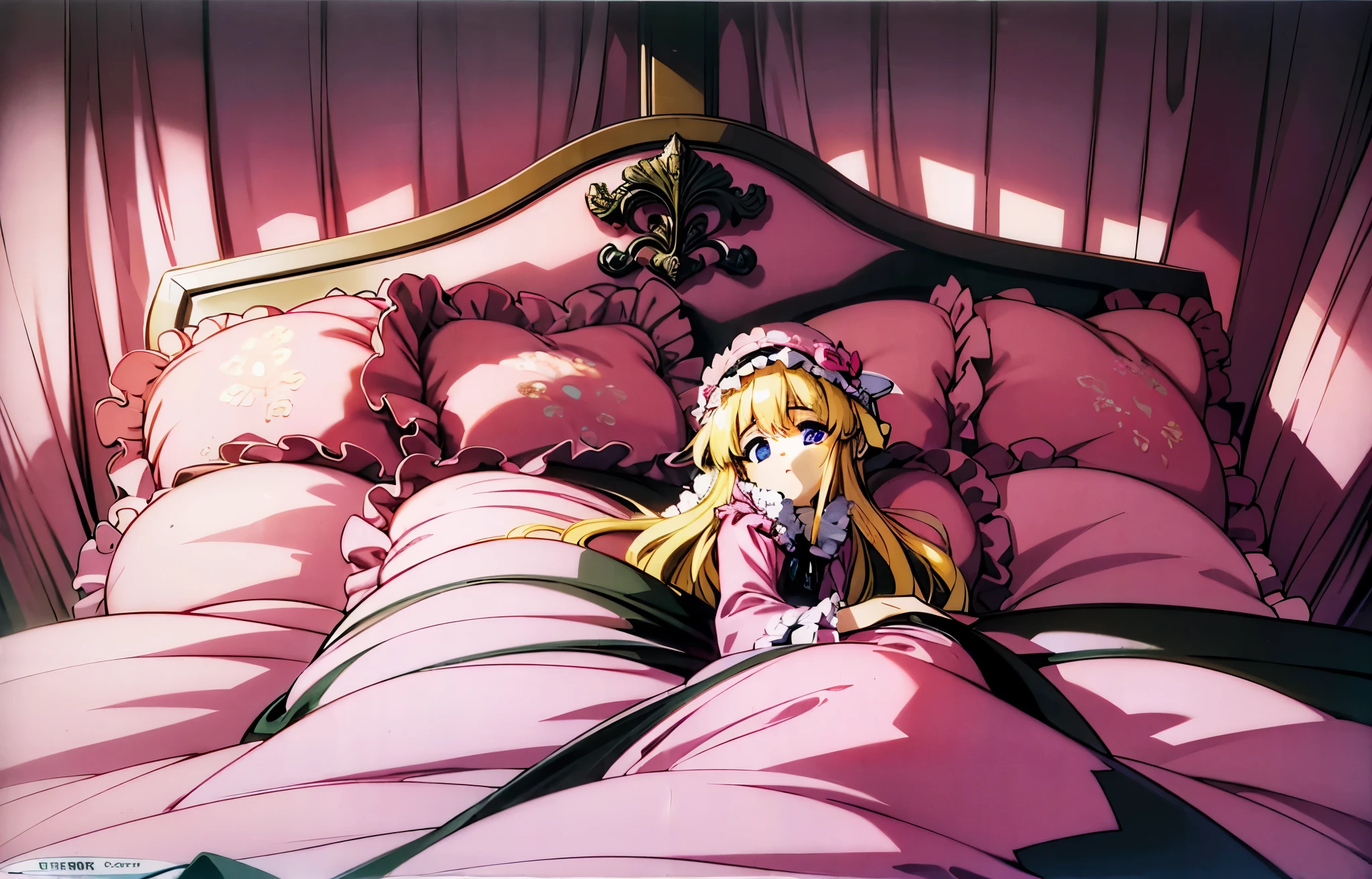 ,highest quality, masterpiece, highest resolution, artwork, super それにget used to it, many get used to it, get used to it, それにget used to it, 3K anime illustration,(( 10 year old girl)),Super detailed baby face,high quality small face,long blonde hair,blue eyes,白い肌のeuropean,pajamas, european,curly hair,blue eyes,((((ピンクのロリータファッションのlong skirtのワンピースドレス)))),((フリルとリボンがたっぷりついたピンクと黒のの可愛らしいpajamas)),((Luxurious pink and black headdress with frills and ribbons)),detailed headdress,,(((big yoke collar))),Yoke collar with ruffles and ribbons,((((long sleeve)))),ruffle sleeves,((((long skirt)))),pink and black pillow with large ruffles and ribbons,(((Nice pink outfit))),豪華なcanopy bedの上,canopy bed,The bed is surrounded by luxurious curtains,Many pink and black frilly pillows on the bed,Behind the girl are many pink and black frilly pillows..,super detailed background,detailed bed,soft pink and black comforter,Highly detailed soft ruffle pillow,Beautiful girl illustration,detailed beautiful face,thin hair,detailed eye ,detailed eyes,detailed mouth, arm details,fine hands,Detailed pillow,wide bed,Illustration on the bed, ,((((round futon)))),((((A large pink and black ruffled comforter covers the entire bed)))),detailed comforter,detailed bedシーツ,Before bedtime,romantic atmosphere,palace bedroom,((((The lower half of my body is hidden under a large futon....)))) The girl is leaning on a pile of pillows, ,((((round futon)))),((((A large pink and black ruffled comforter covers the entire bed)))),