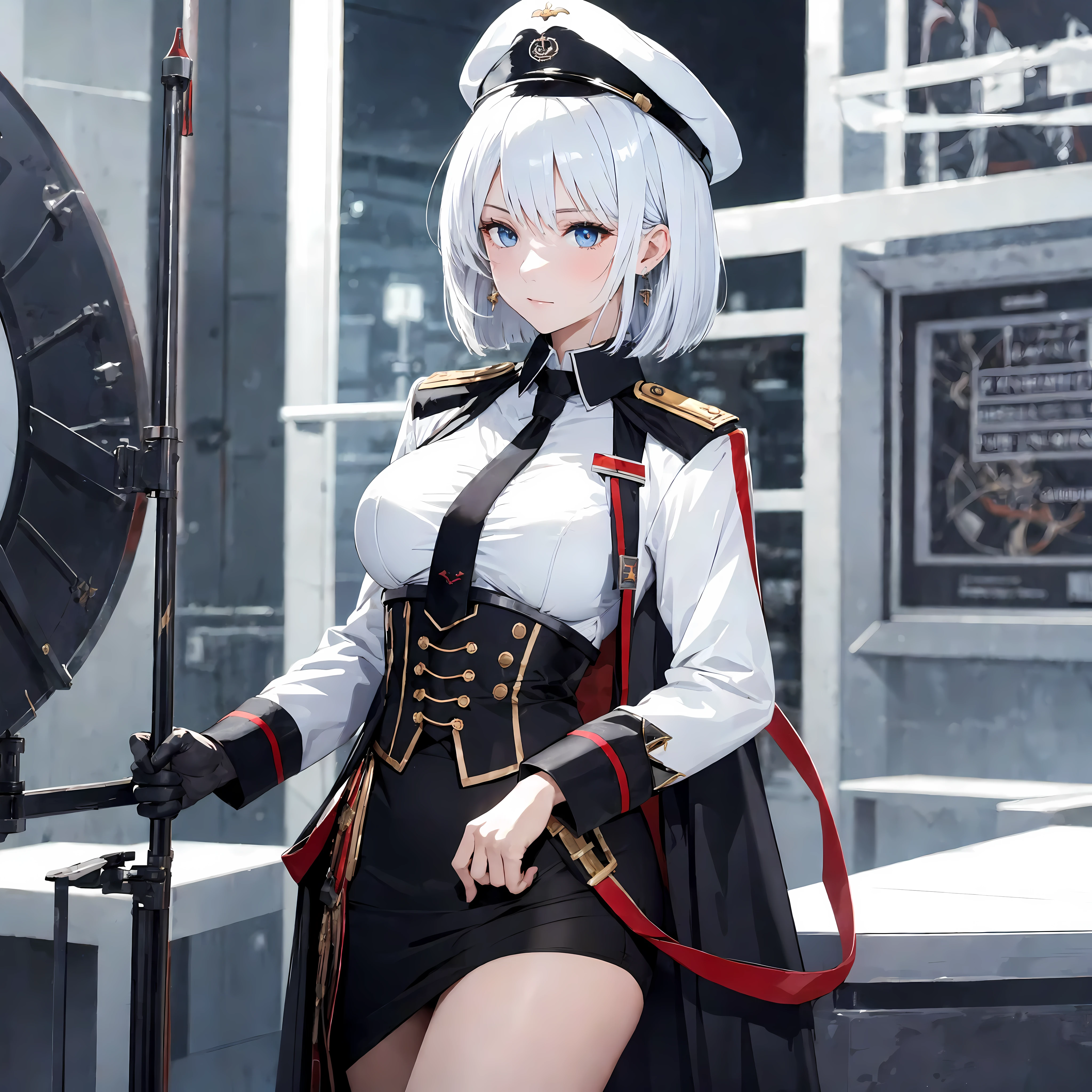 ((masterpiece, best quality)), {full body}, ((1 girl)), ((beauty detailed eye)), {black business suit:1.40}, {black neck tie:1.1}, {black gloves on both hand:1.05}, {standing pose:1}, {german iron cross decoration on neck:1.15}, {white shirt:1.10}, {german admiral hat:1.10}, {white coat:1.10}, {black tight skirt:1.15}, {black pantyhose:1.15}, {black military shoes:1.15},  [wide hips], slim, handsome, 16k picture quality, {tirpitz_azurlane:1.1}, tirpitz from azur lane, standing on sea blue_eyes, hair_between_eyes, slight smile, short_hair, breasts, beautiful detailed face, highly detailed,illustration,extremely detailed sea background wallpaper, cinematic lighting, black tight skirt, black pantyhose, mature, white_short_hair, large_breasts, earrings, jewelry, cross_earrings, bangs, cinematic angle, posing caustics, looking_at_viewer